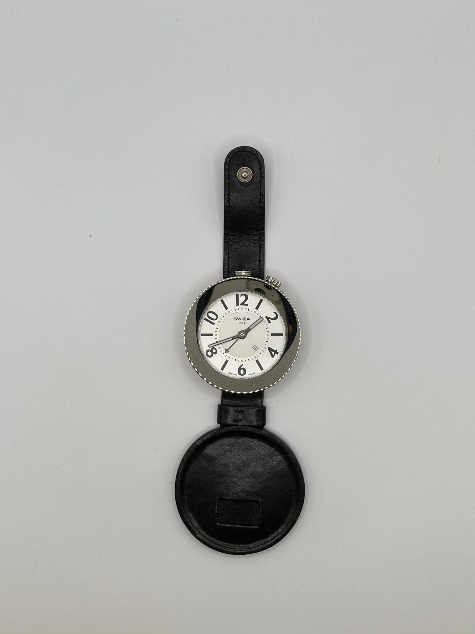 Women's or Men's Swiza steel travel alarm clock with black leather - Swiss made For Sale