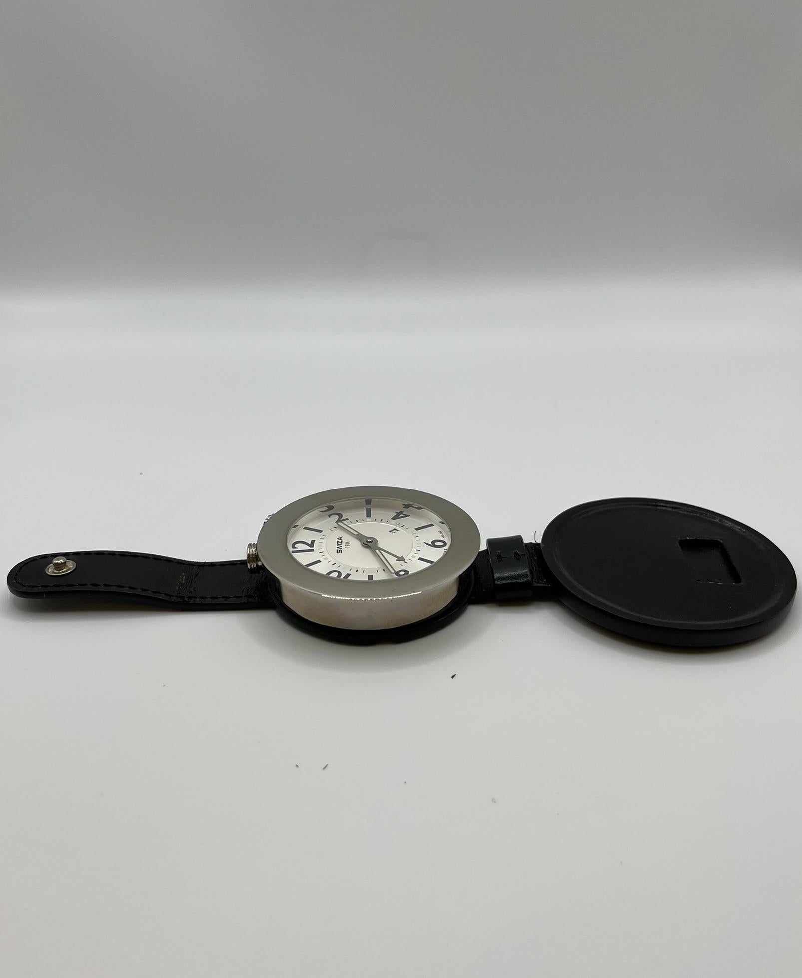 Swiza steel travel alarm clock with black leather - Swiss made For Sale 4