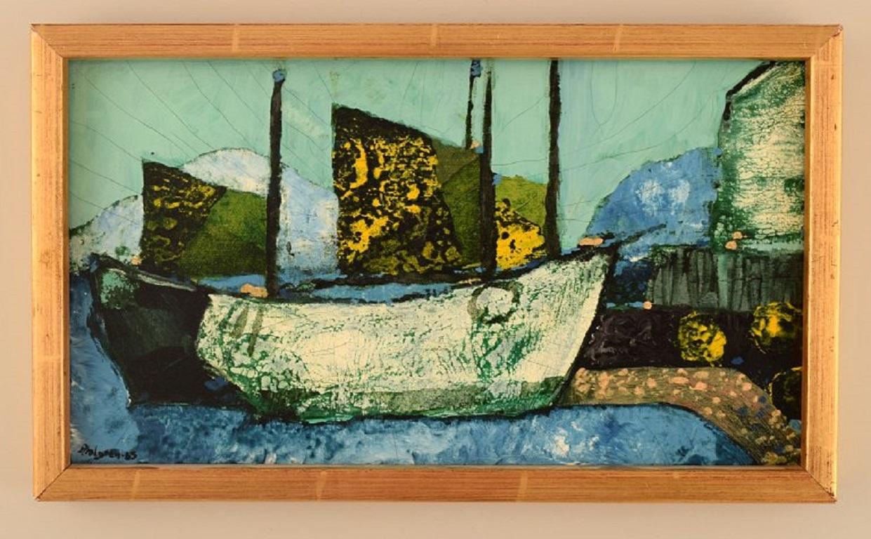 Sven Ahlgren (1922-1997), Suède. Huile sur planche. 
Scène côtière moderniste avec un bateau de pêche. Daté de 1965.
La planche mesure : 29 x 16 cm.
Le cadre mesure : 1.5 cm.
En parfait état. Quelques fins crépitements
Signé.