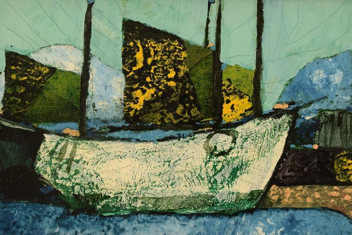 Swedish Sven Ahlgren, Sweden, Oil on Board, Modernist Landscape with Boats For Sale