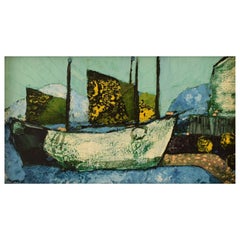 Sven Ahlgren, Suède, Huile sur Panneau, Paysage moderniste avec bateaux