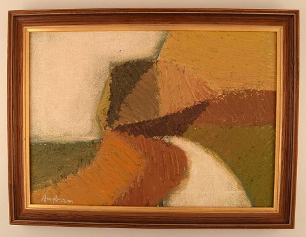 Sven Angborn (1925-), Swedish artist. Oil on canvas. Modernist landscape, circa 1970.
In very good condition.
Signed.
The board measures: 48 x 34 cm.
The frame measures: 4 cm.

  