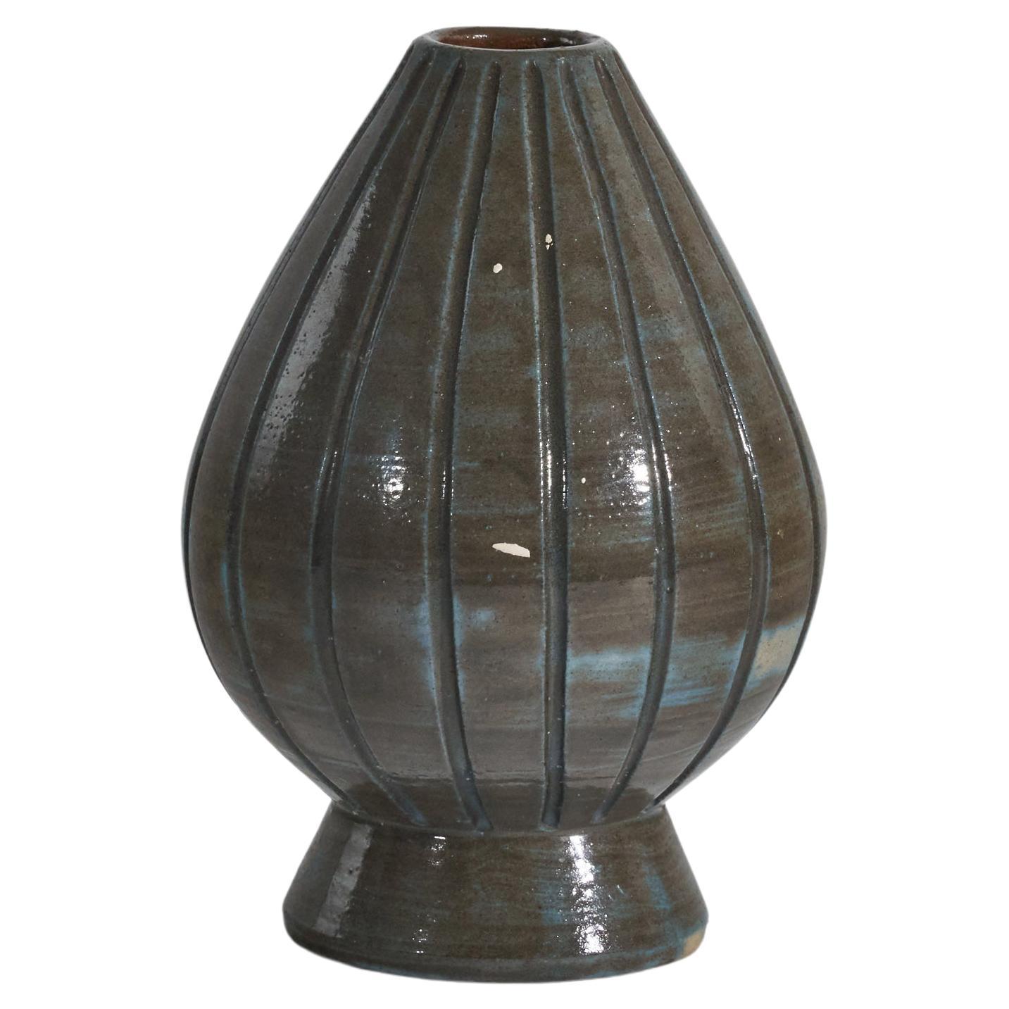 Sven Bolin, Vase, Brown and Blue Glazed Stoneware, Höganäs, Sweden, circa 1960s For Sale