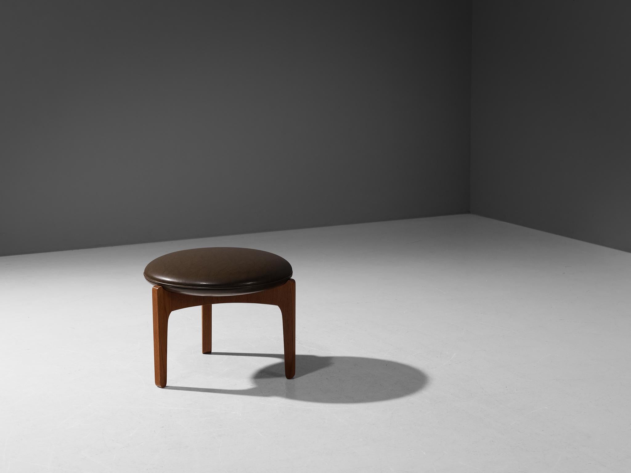 Danish Sven Ellekaer Stool in Teak and Brown Leatherette