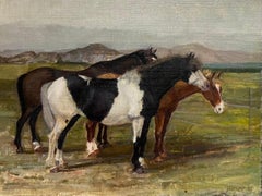 Three Horses in the Green Grass Meadow Large 20th Century Oil Landscape