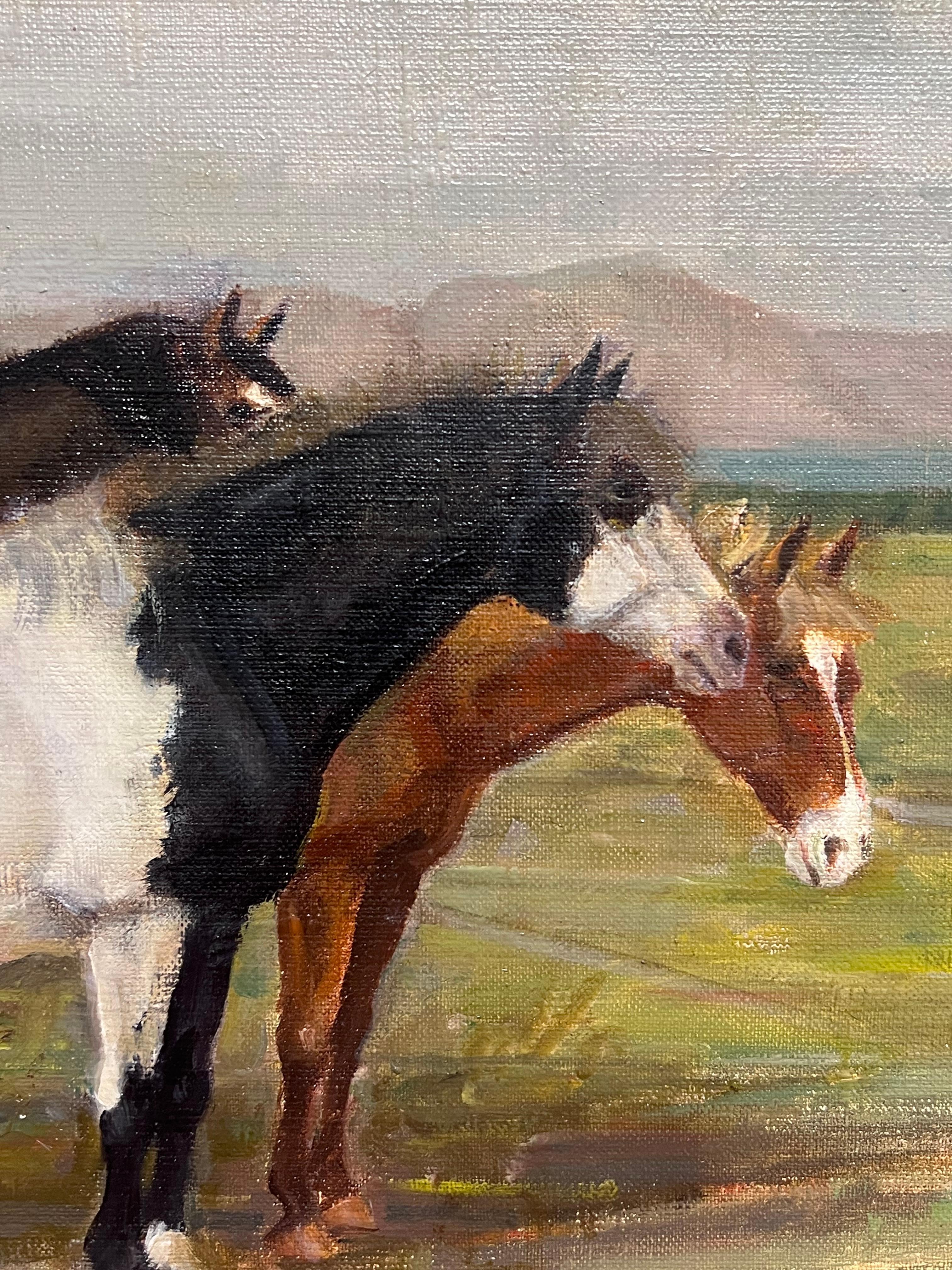 Tre cavalli nel prato di Greene & Greene Grande Paesaggio a olio del XX secolo - Painting Impressionismo di Sven Erik Hellqvist (1916-1997)