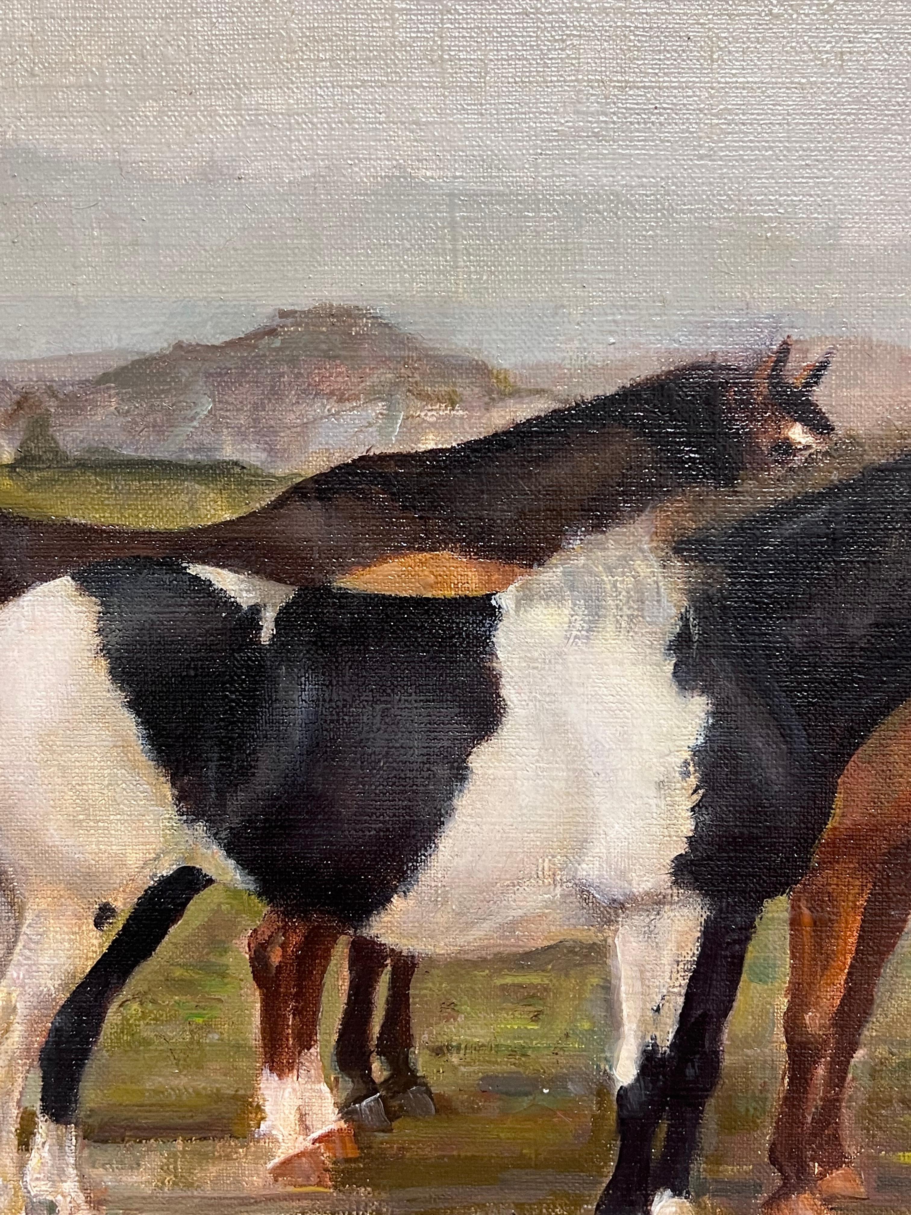 Tre cavalli nel prato di Greene & Greene Grande Paesaggio a olio del XX secolo - Landscape Painting Marrone di Sven Erik Hellqvist (1916-1997)