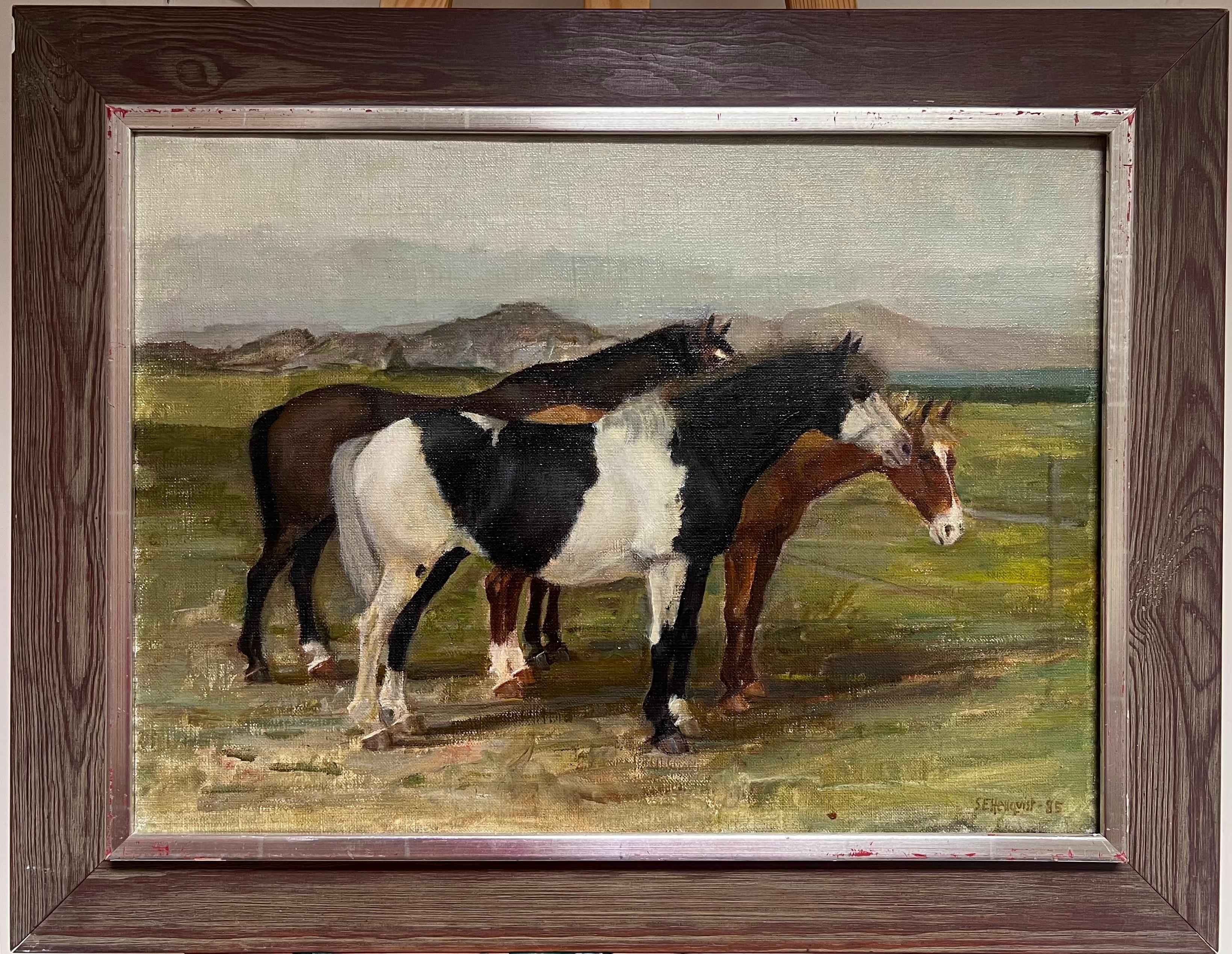 Landscape Painting di Sven Erik Hellqvist (1916-1997) - Tre cavalli nel prato di Greene & Greene Grande Paesaggio a olio del XX secolo