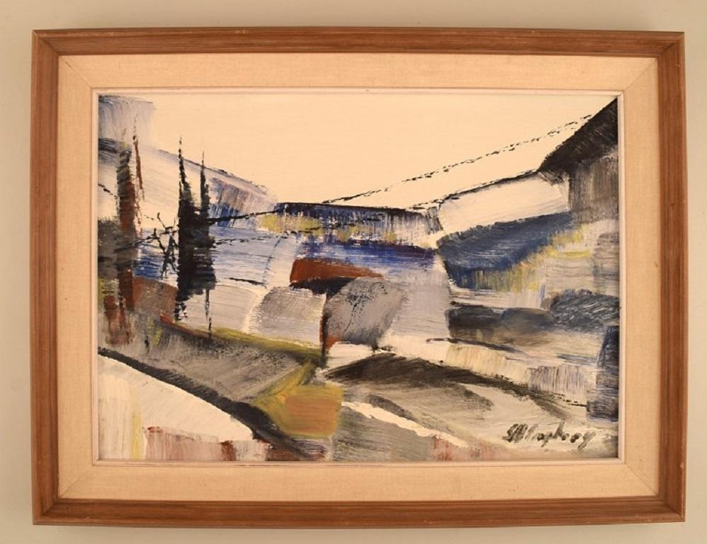Sven H. Engberg, listed Swedish artist. Oil on canvas. 
Modernist landscape. Dated 1963.
The canvas measures: 48 x 34 cm.
The frame measures: 5.5 cm.
In excellent condition.
Signed and dated.