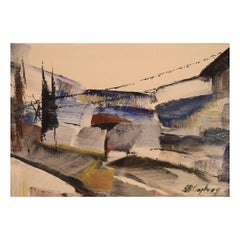 Sven H. Engberg, artiste suédois référencé, huile sur toile, paysage moderniste