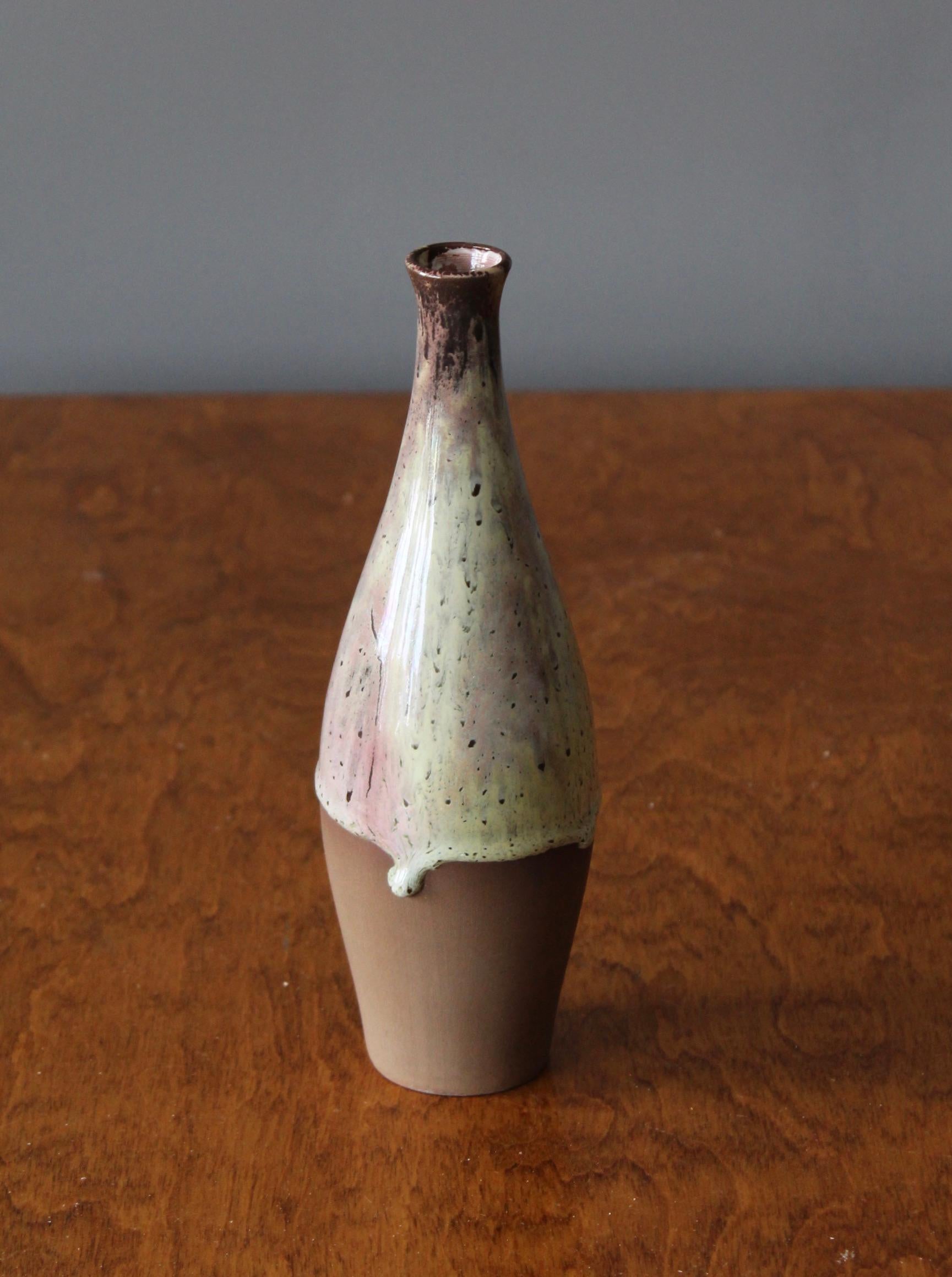 A vase, produced by Sven Hofverberg in his own studio, Landskrona, Sweden, 1970s. Signed. 

Other designers of the period include Lucie Rie, Carl Harry Stålhane, Hans Cooper, and Saxbo.