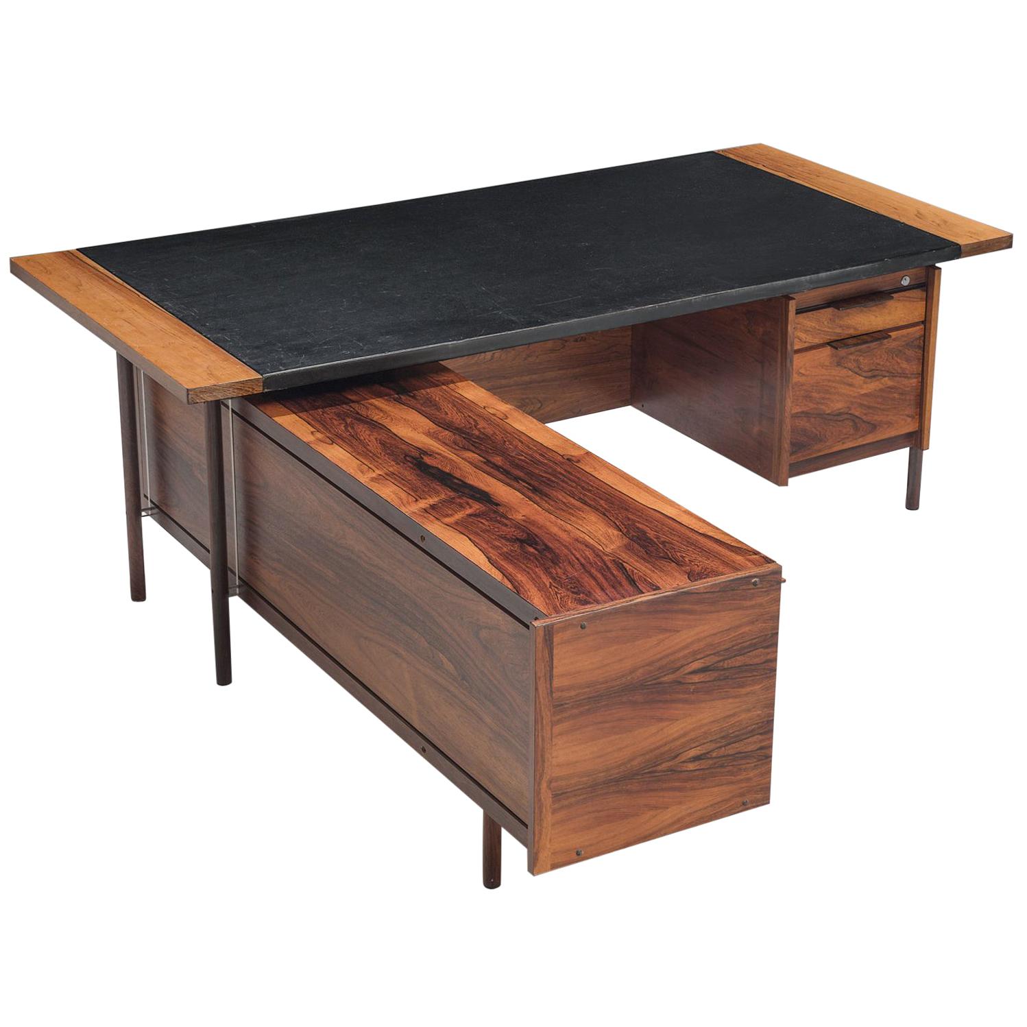 Sven Ivar Disten Restored Corner Desk in Leather and Rosewood