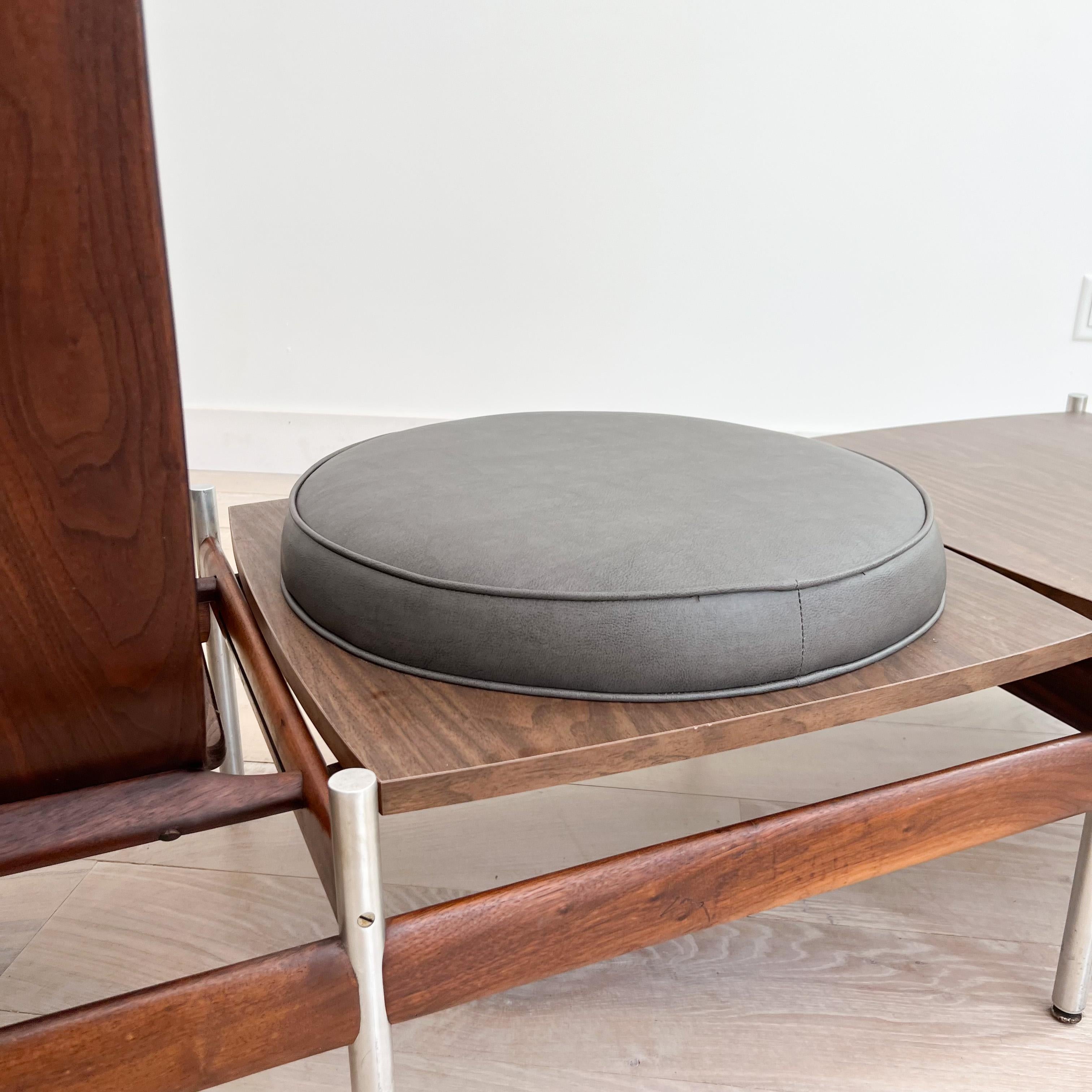 Rare mid century modern Norwegian bench set by Sven Ivar Dysthe. 2 seats, a circular cushion and an end table. New high quality elephant grey vinyl upholstery. The wood has been cleaned and restored. Some light scuffing/scratching/small areas of