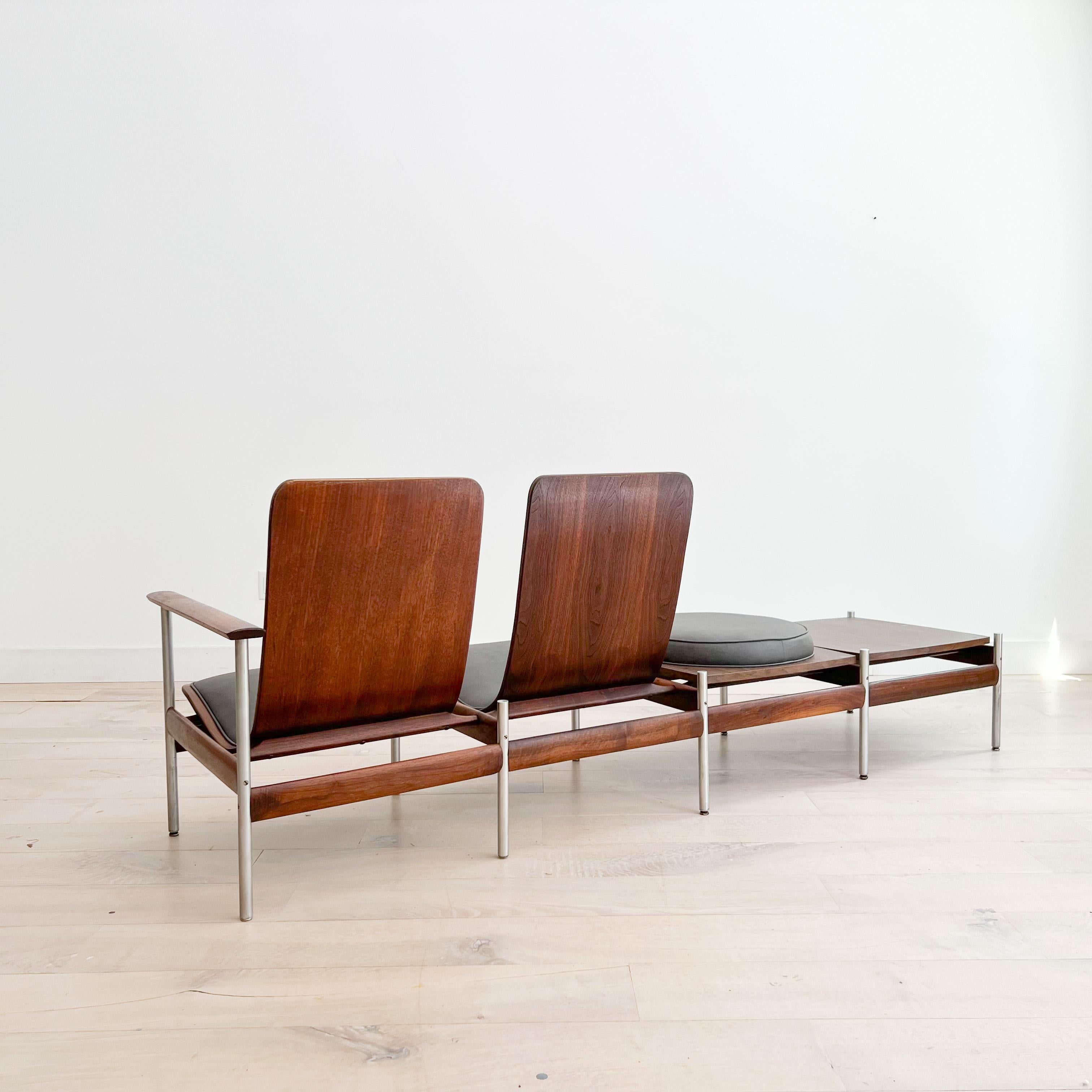 Mid-20th Century Sven Ivar Dysthe 2 Seater Bentwood Walnut Bench w/ Circular Seat And End Table B