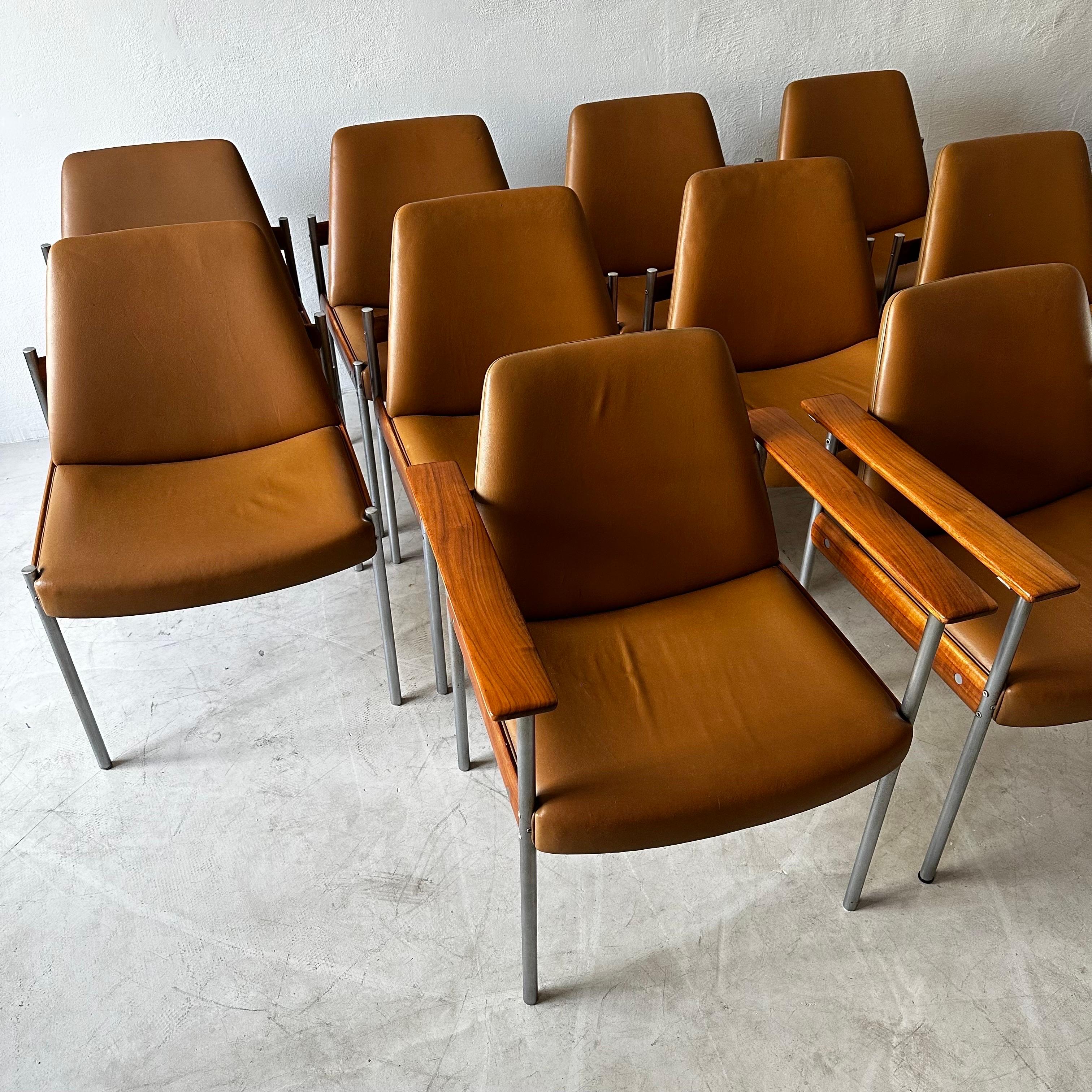 Norwegian Sven Ivar Dysthe Large Set of 10 Chairs in Cognac Leather and Walnut For Sale