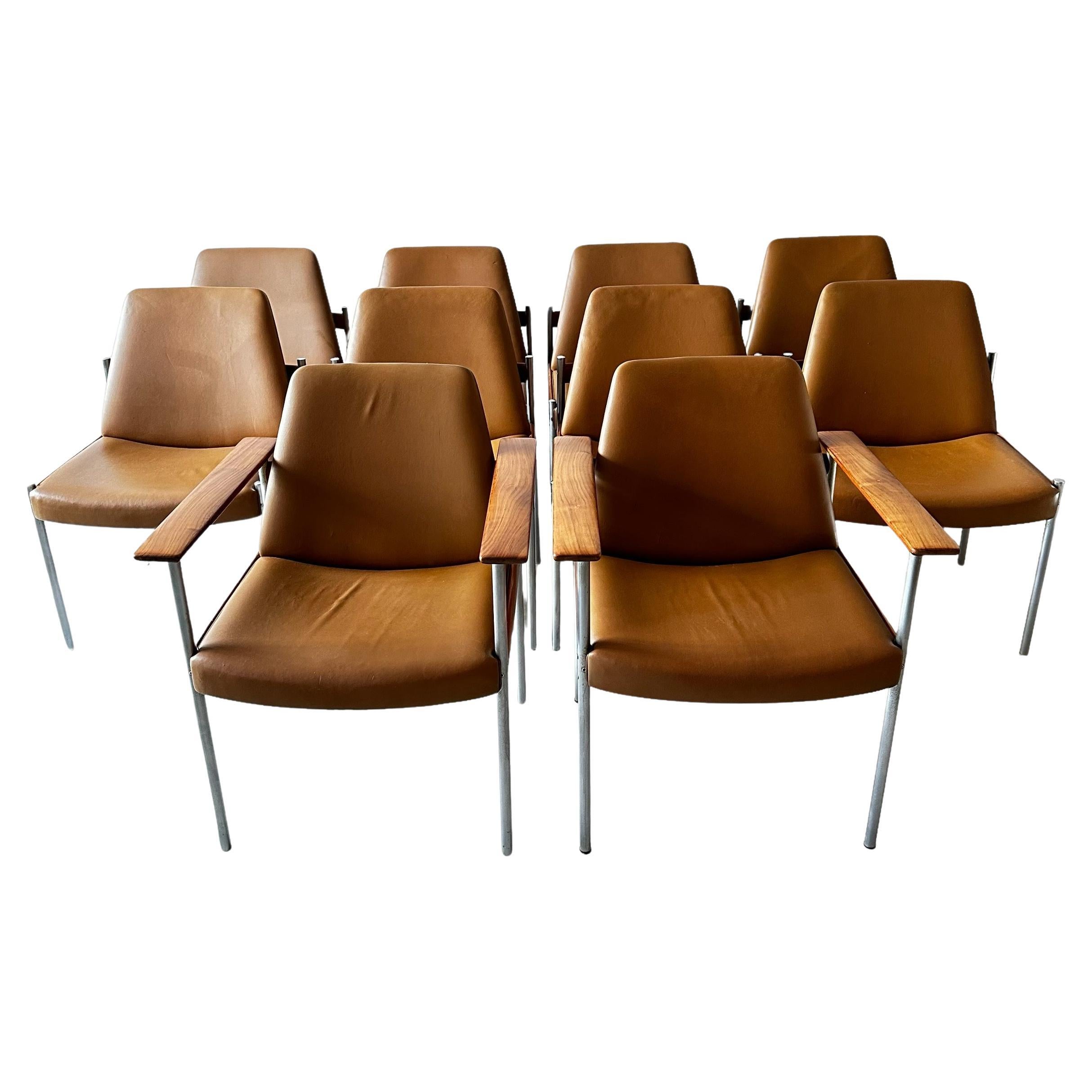 Sven Ivar Dysthe Large Set of 10 Chairs in Cognac Leather and Walnut For Sale