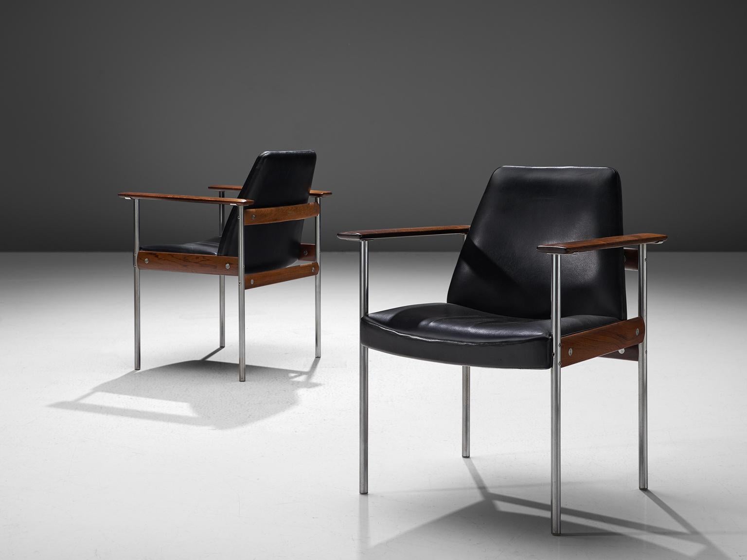 Norwegian Sven Ivar Dysthe Set of Six Chairs in Black Leather and Rosewood