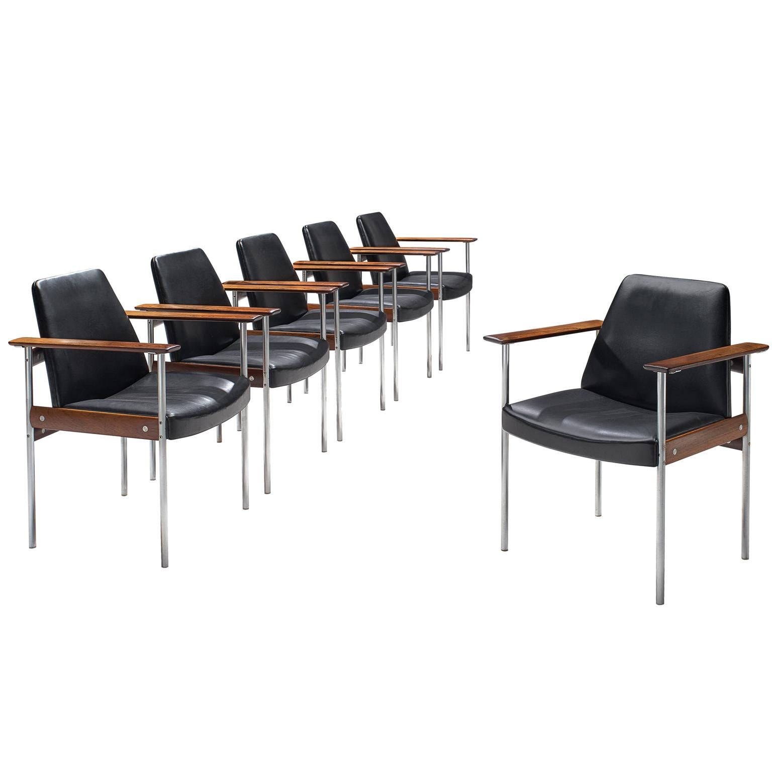 Sven Ivar Dysthe Set of Six Chairs in Black Leather and Rosewood
