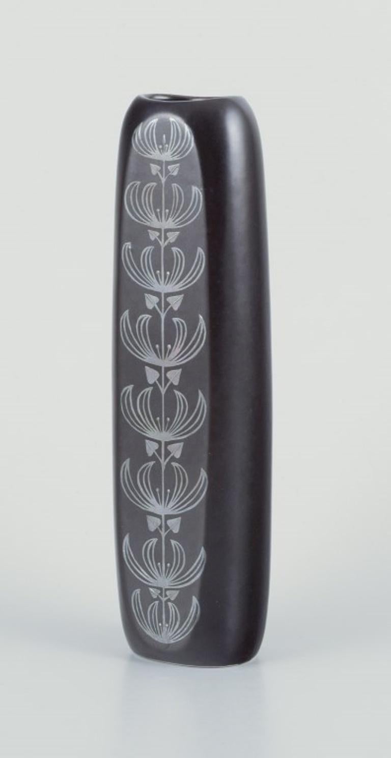 Scandinavian Modern Sven Johnson for Gustavsberg. “Facett” ceramic vase. Motif of peacock. For Sale