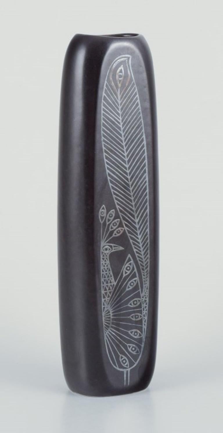 Glazed Sven Johnson for Gustavsberg. “Facett” ceramic vase. Motif of peacock. For Sale