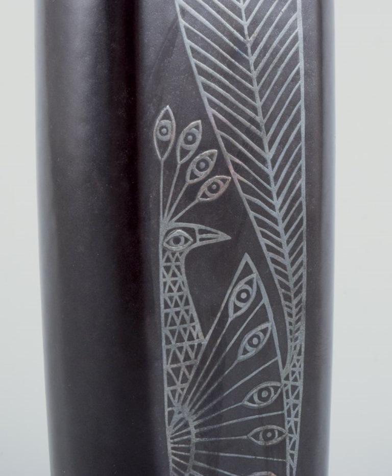 Sven Johnson for Gustavsberg. “Facett” ceramic vase. Motif of peacock. In Excellent Condition For Sale In København, Copenhagen