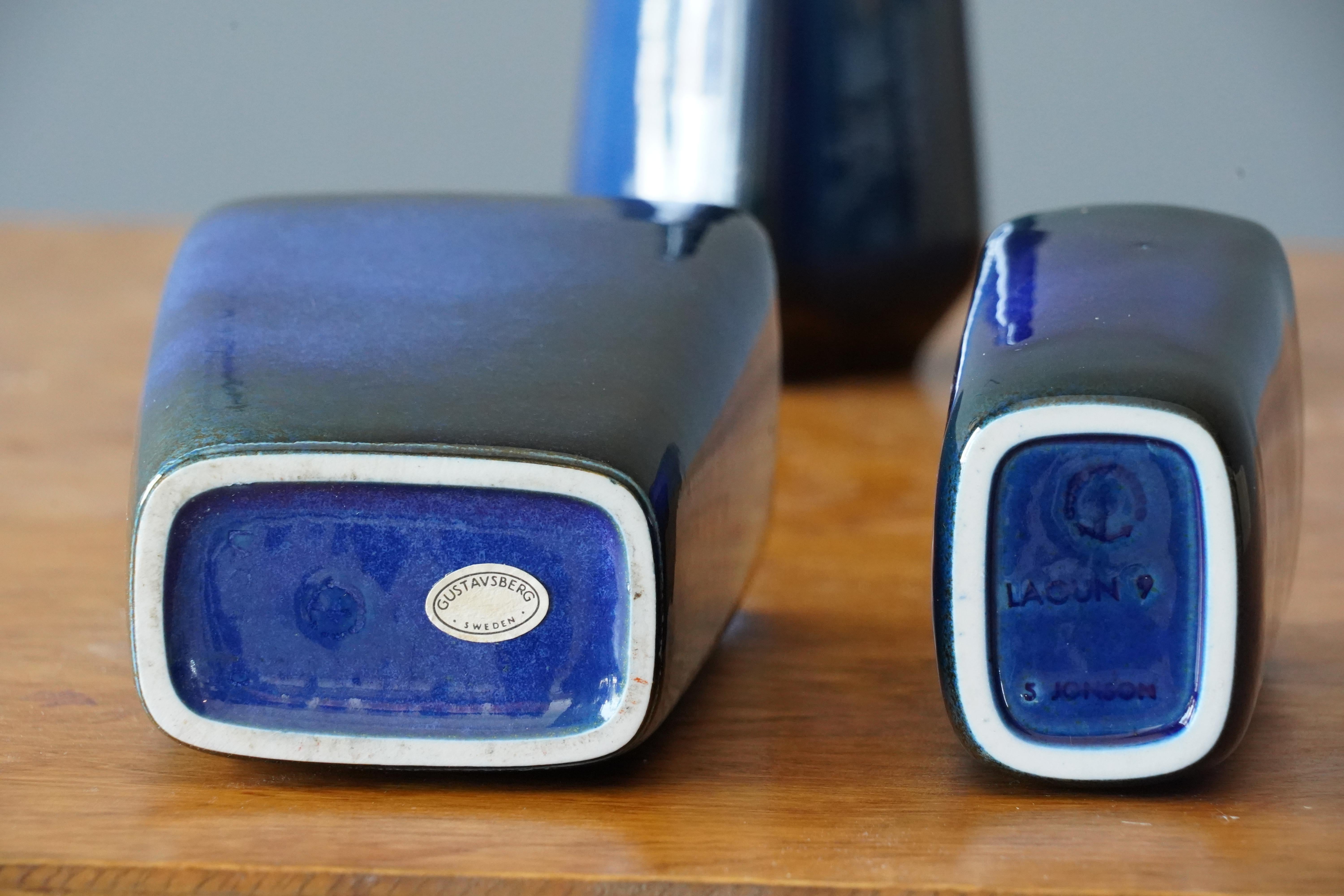 Mid-Century Modern Sven Jonson, Three Vases, Blue Glazed Stoneware, Gustavsberg, Sweden, 1960s