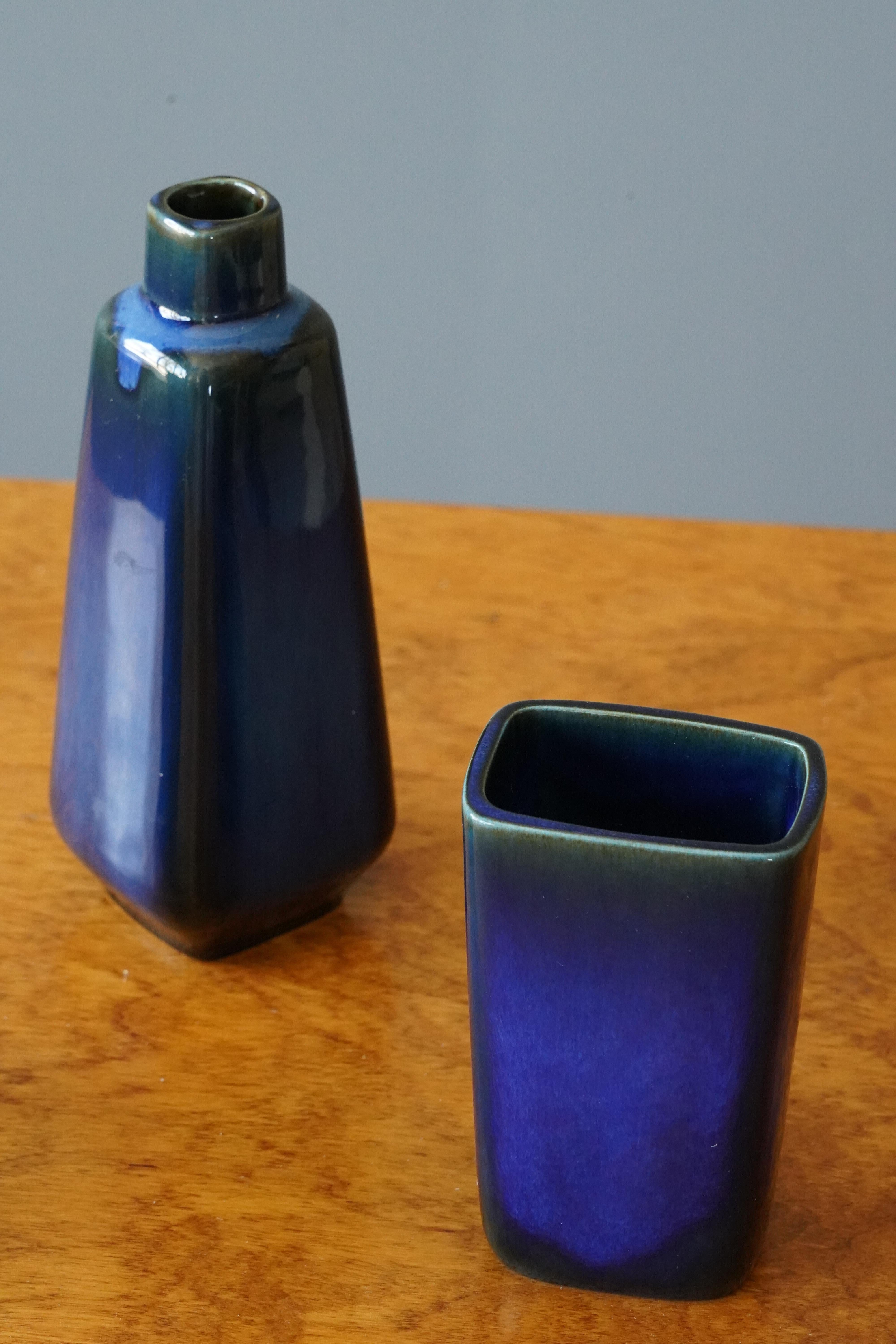 Swedish Sven Jonson, Three Vases, Blue Glazed Stoneware, Gustavsberg, Sweden, 1960s