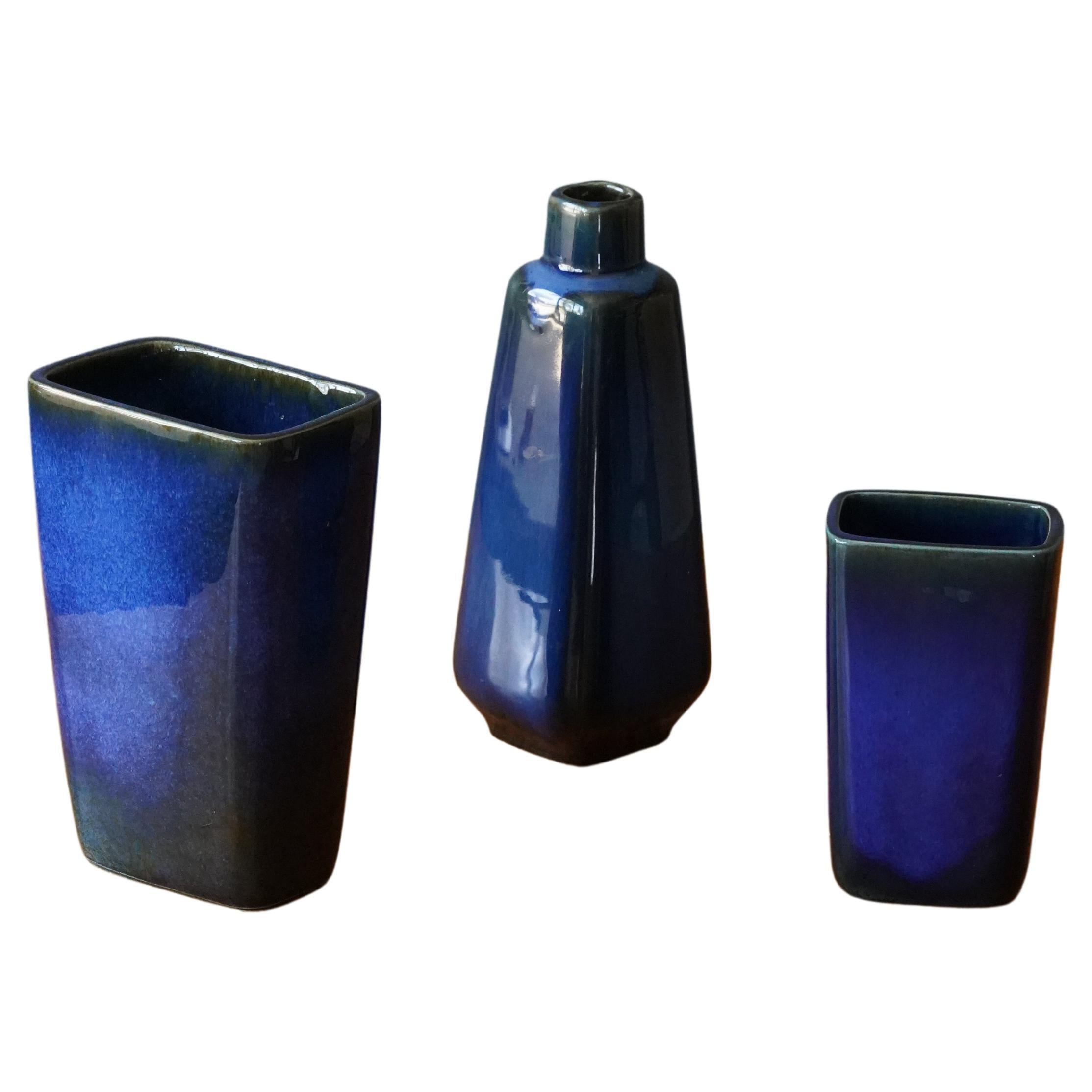 Sven Jonson, Three Vases, Blue Glazed Stoneware, Gustavsberg, Sweden, 1960s