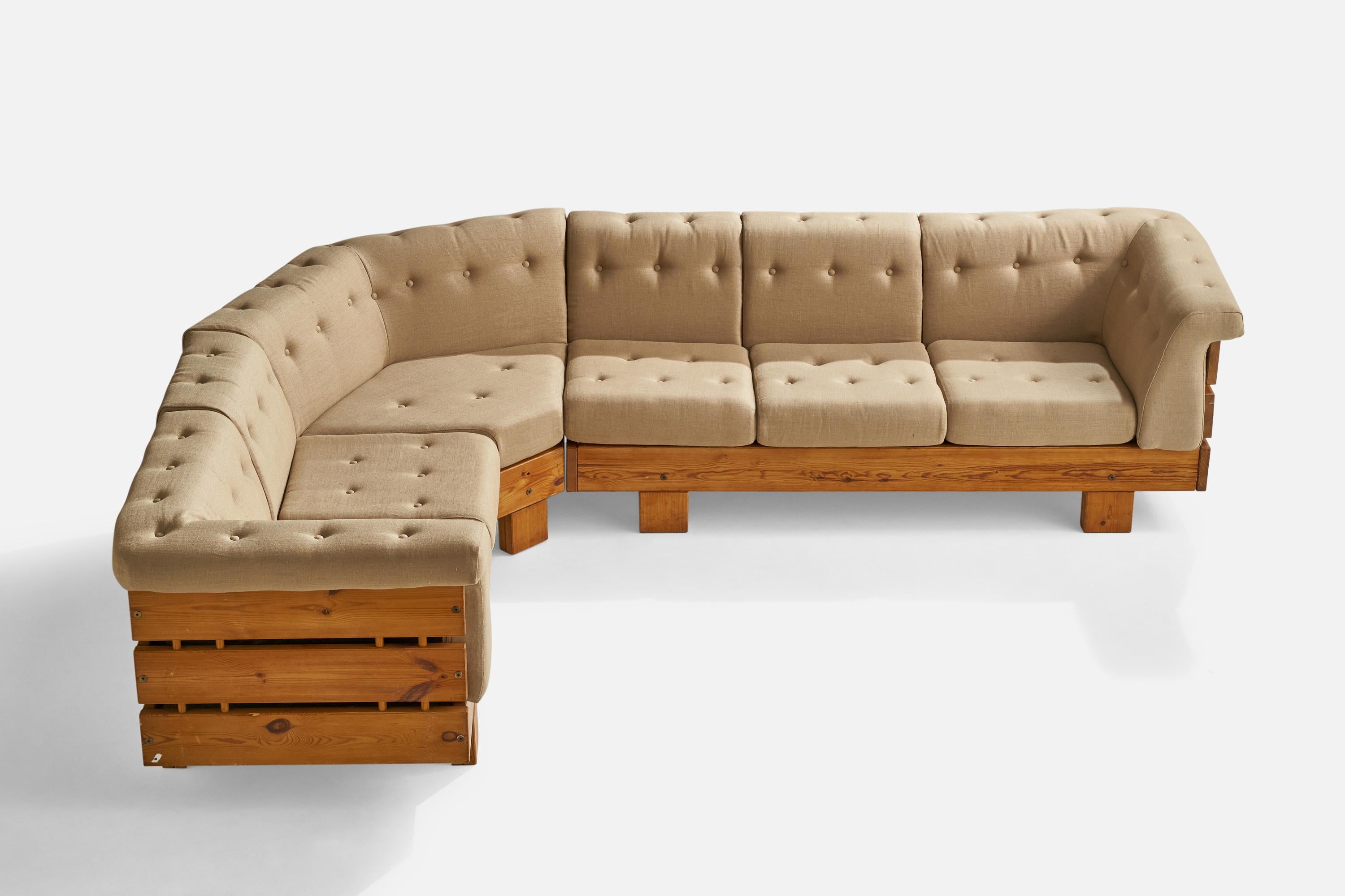 Post-Modern Sven Larsson, Large Sectional Sofa, Pine, Fabric, Sweden, 1970s For Sale