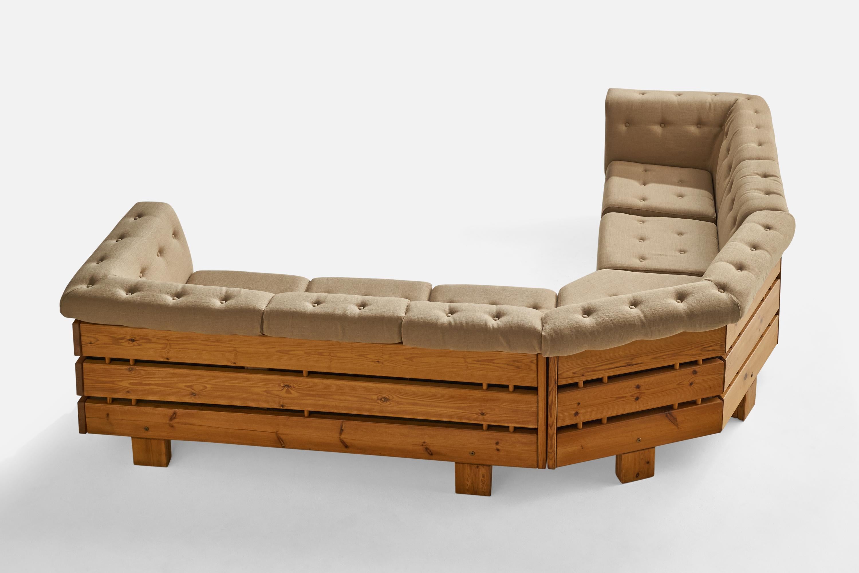 Swedish Sven Larsson, Large Sectional Sofa, Pine, Fabric, Sweden, 1970s For Sale
