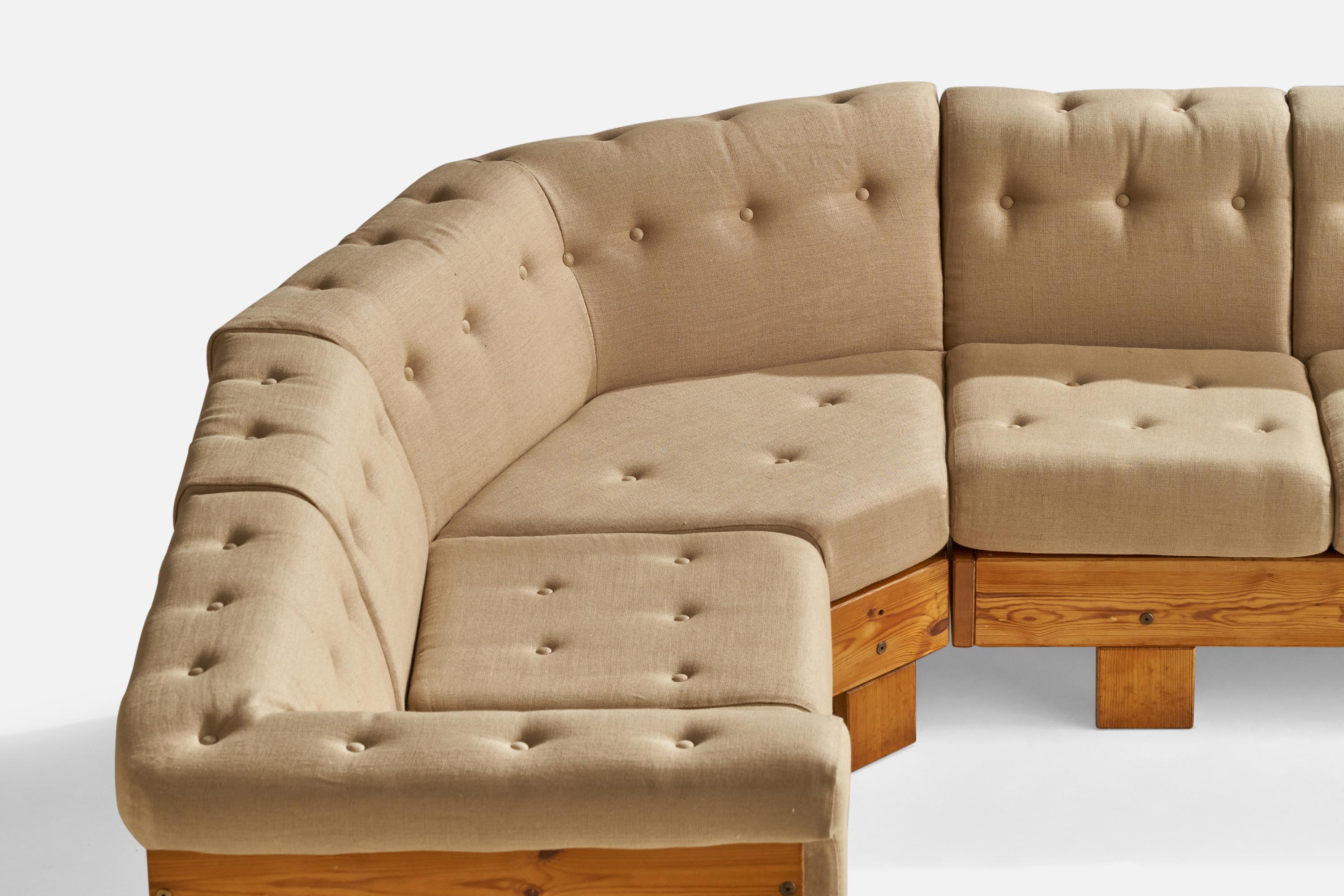 Sven Larsson, Large Sectional Sofa, Pine, Fabric, Sweden, 1970s For Sale 1