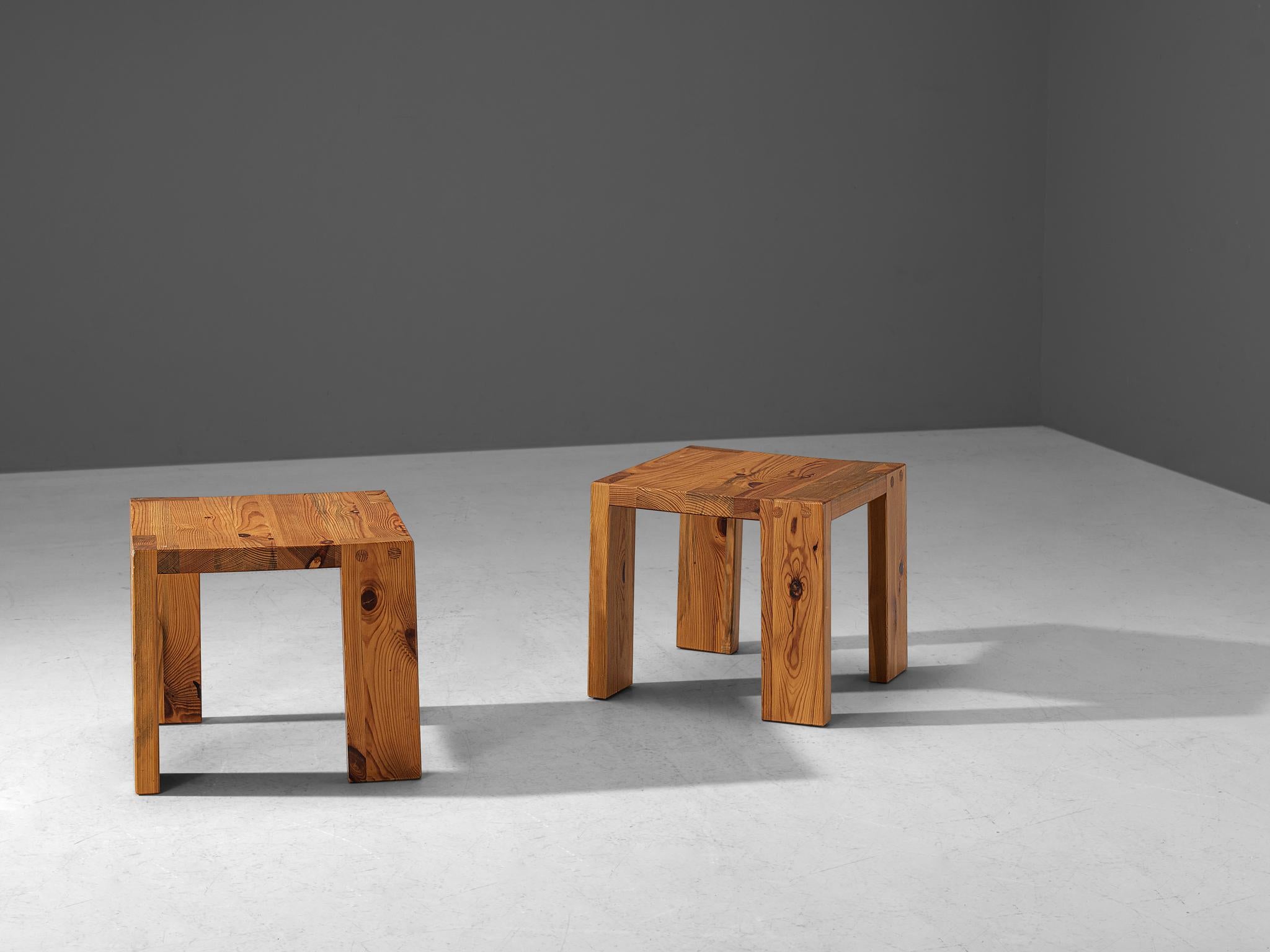 Sven Larsson, side tables, pine, Sweden, 1970s.

Pair of side tables designed by Swedish designer Sven Larsson. Distinctive for his work is the use of solid pine wood and the refined joinery that shows his true craftsmanship. Especially the double