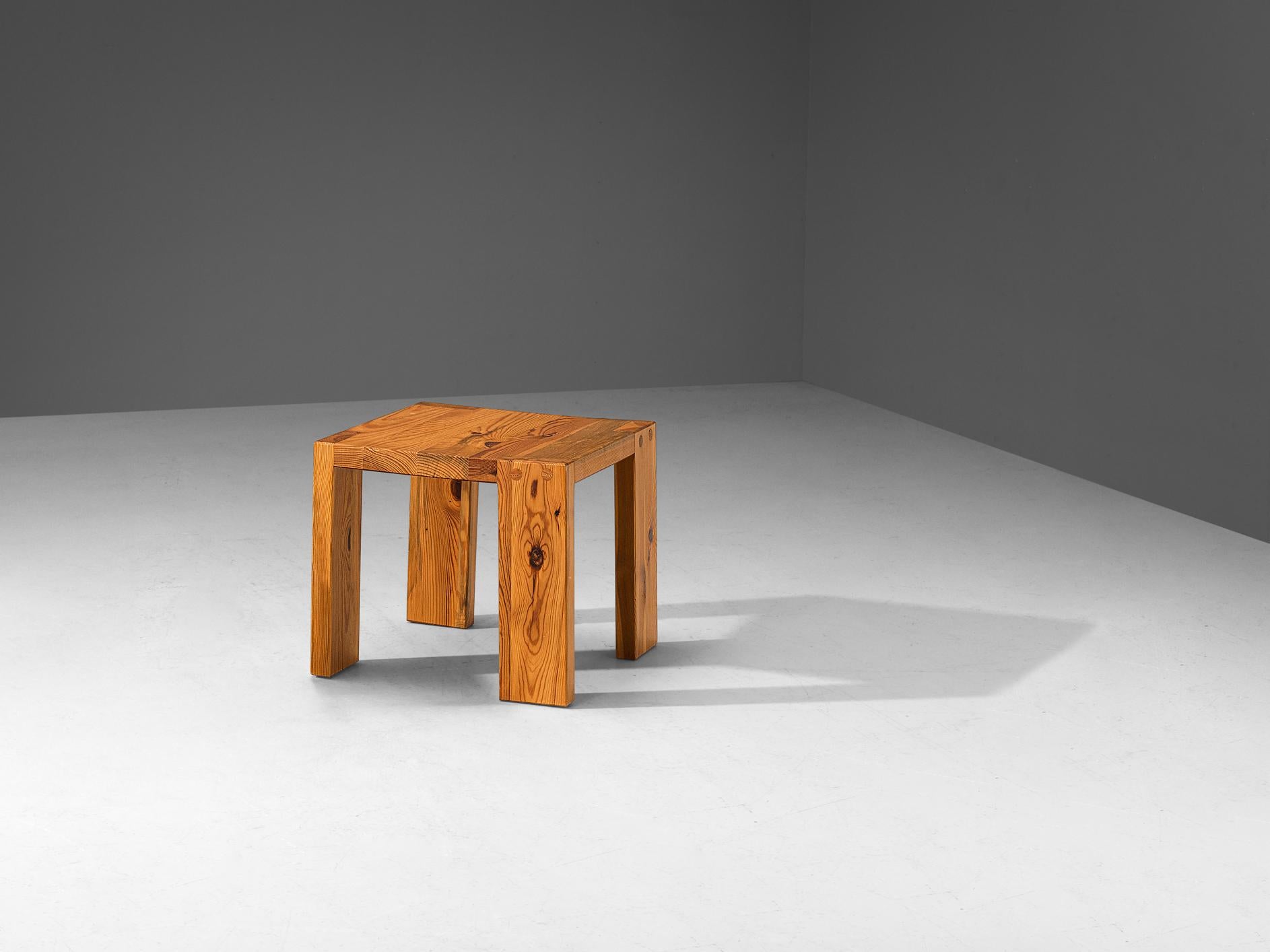 Sven Larsson, side table, pine, Sweden, 1970s.

A cubist side table designed by Swedish designer Sven Larsson. Distinctive for his work is the use of solid pine wood and the refined joinery that shows his true craftsmanship. Especially the double