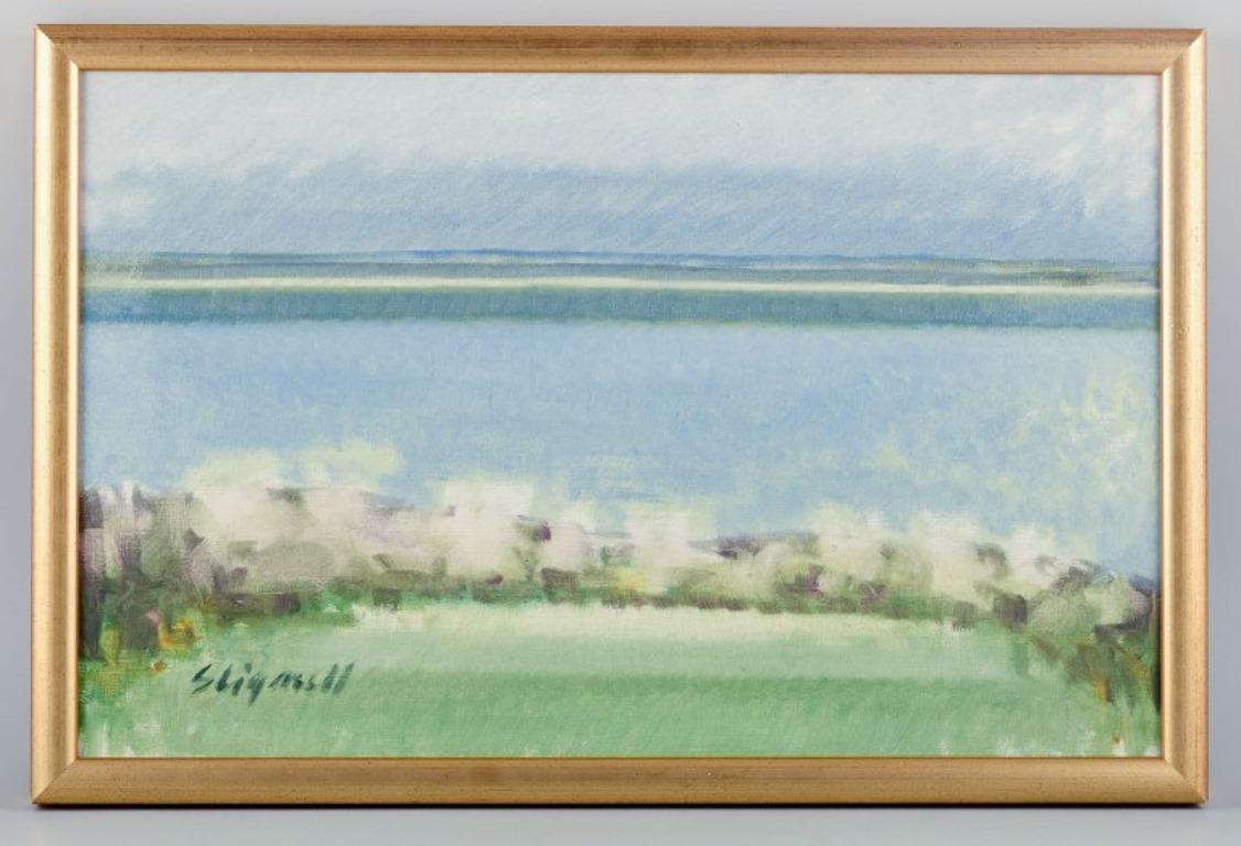 Sven Lignell (1920-1985), listed Swedish artist.
Oil on canvas. Modernist landscape.
1960/70s.
Perfect condition.
Dimensions: W 54.5 cm x H 34.0 cm.
Total: W 58.8 cm x H 39.2 cm.