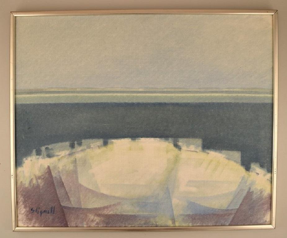Sven Lignell. Swedish artist born 1927. 
Oil on canvas. Modernist landscape. 1960's.
The canvas measures: 73 x 60 cm.
The frame measures: 2.5 cm.
In excellent condition.
Signed.