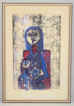 Sven Linder. Mixed media on panel. Modern depiction of mother and child.