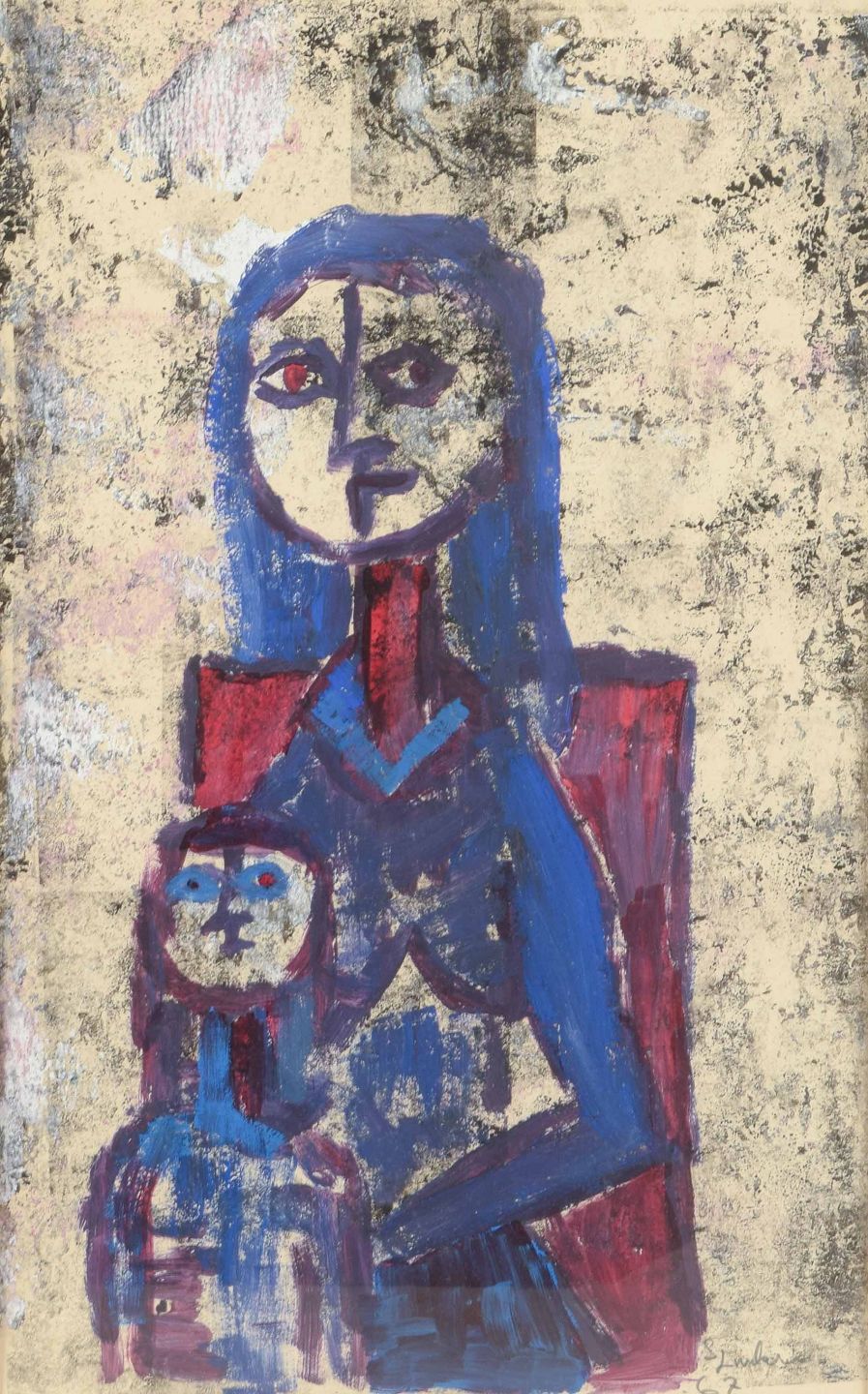 Sven Linder. Mixed media on panel. Modern depiction of mother and child.