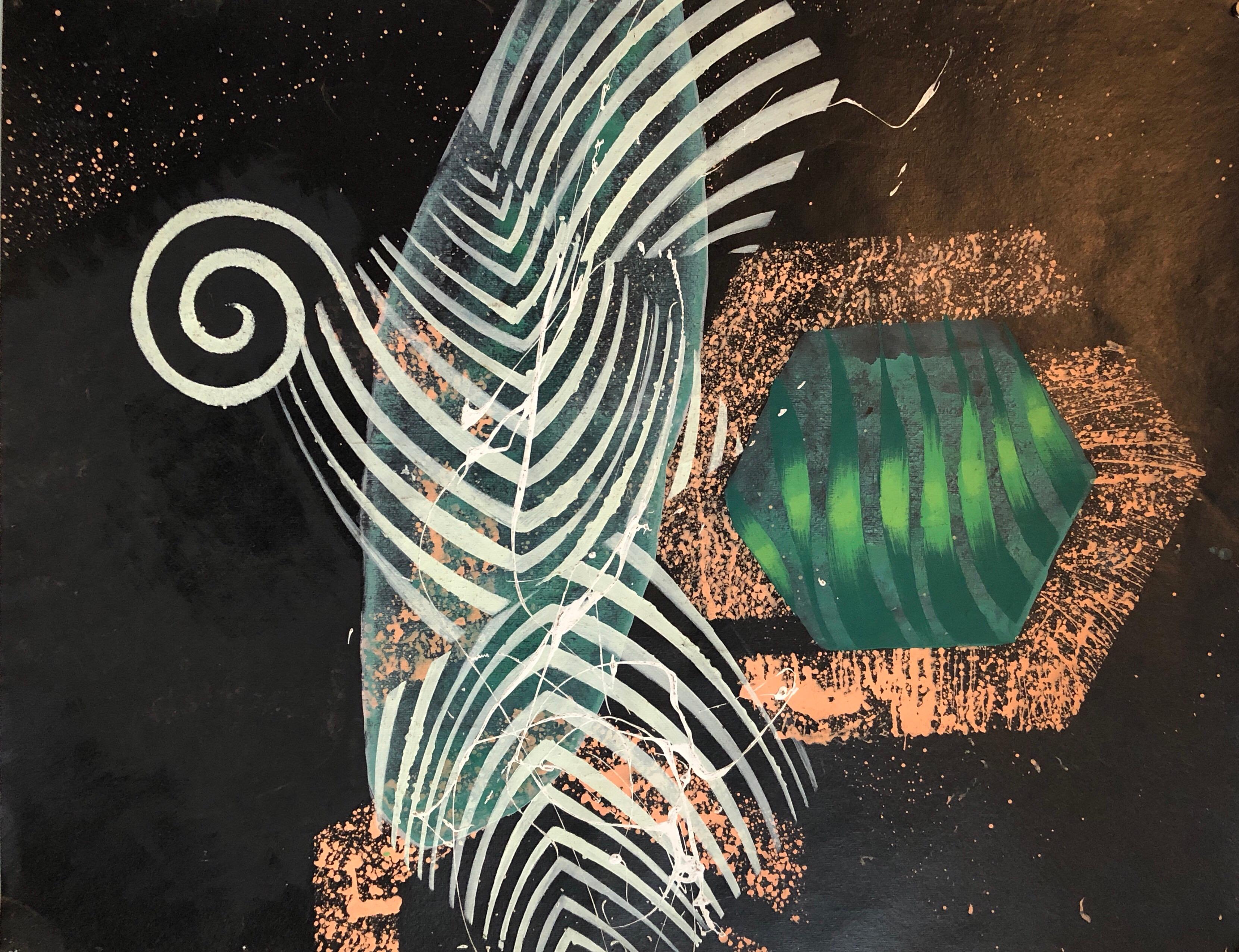 This piece is an abstract tropical landscape. done on tar paper. signed and dated with bright green foliage and a gold colored paint. this piece is on the website of the Pollock Krasner foundation.
It came with a photocopy of a letter from a