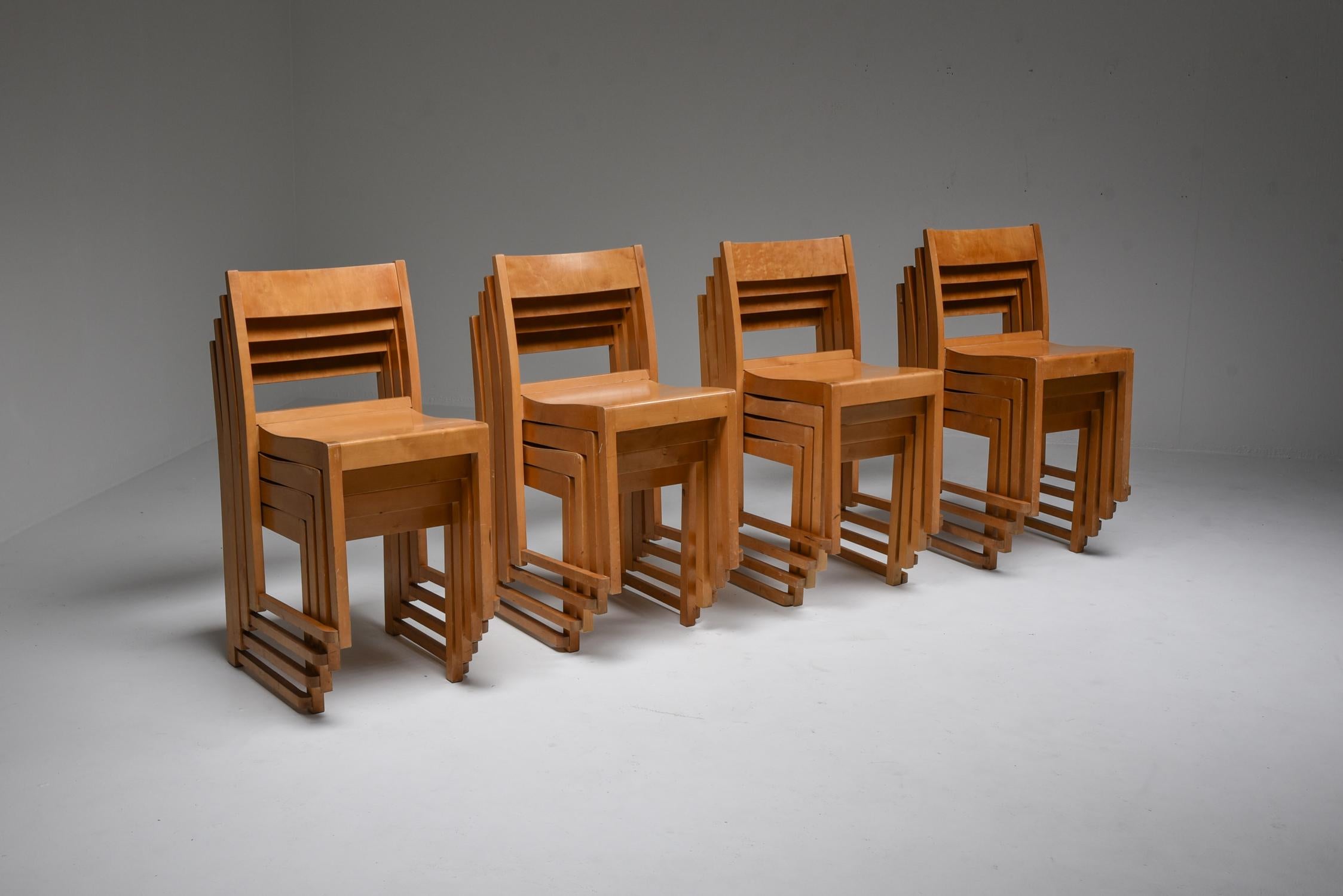 Scandinavian modern, birch, stackable 'orchestra' chairs, Sven Markelius, Sweden, 1930s.

These modernist chairs were especially designed for the Helsingborg Concert Hall.
Clean and simple lines make these very early modernist chairs a great and