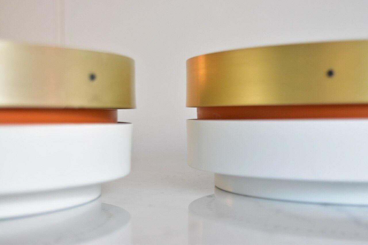 Beautiful Sven Middelboe ceiling light in brass, orange and white colored metal, inside white, orange and white, produced by Nordisk Solar, Denmark. Good and full working condition, with 2x E26/27 Edison socket, max. 100 watt. Ready to use with 220V