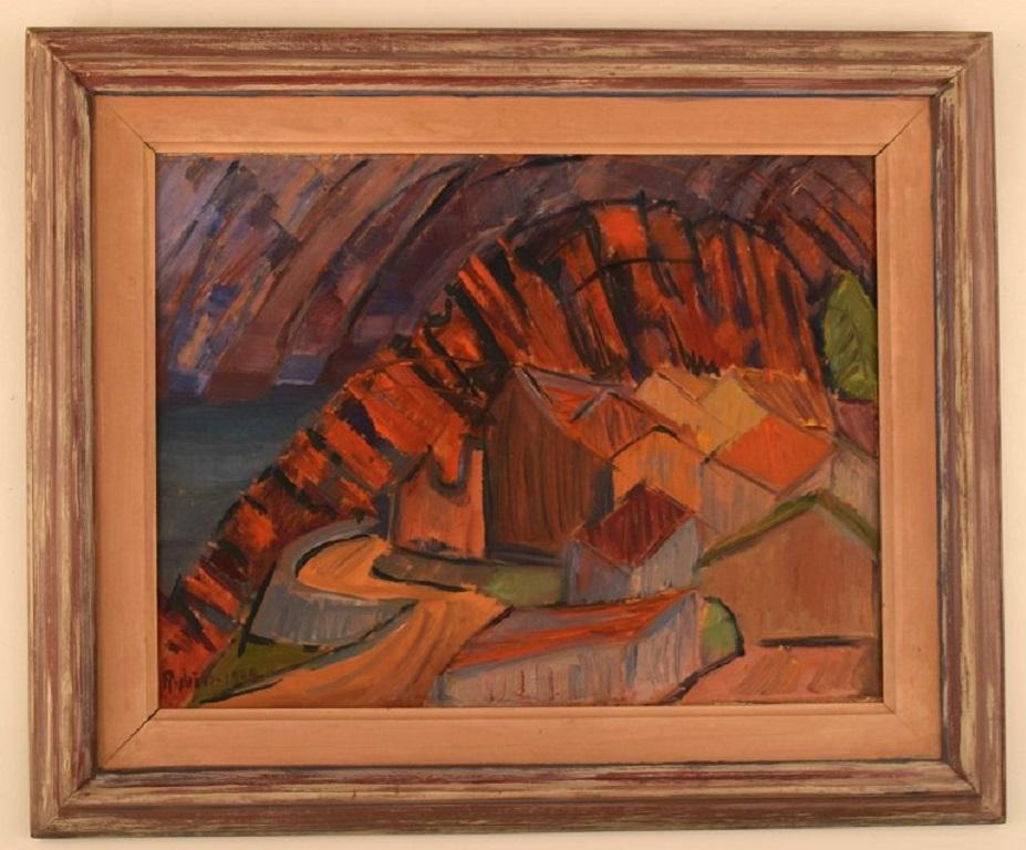 Sven Rybin (1914 - 2012), artiste suédois. 
Huile sur planche. 
Paysage moderniste. Daté de 1949.
La planche mesure : 37 x 28 cm.
Le cadre mesure : 6.5 cm.
En parfait état.
Signé et daté.