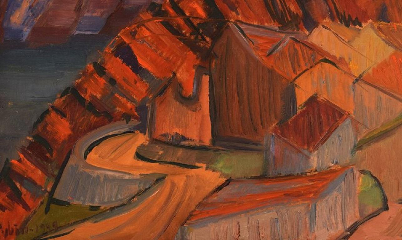 Suédois Sven Rybin, artiste suédois, huile sur panneau, paysage moderniste en vente