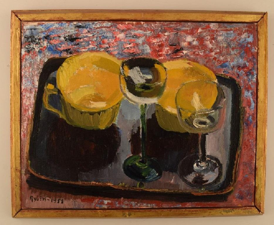 Sven Rybin (1914 - 2012), listed Swedish artist. 
Oil on canvas. Modernist still life. 
Dated 1955.
The canvas measures: 33 x 26 cm.
The frame measures: 2 cm.
In excellent condition.
Signed and dated.
