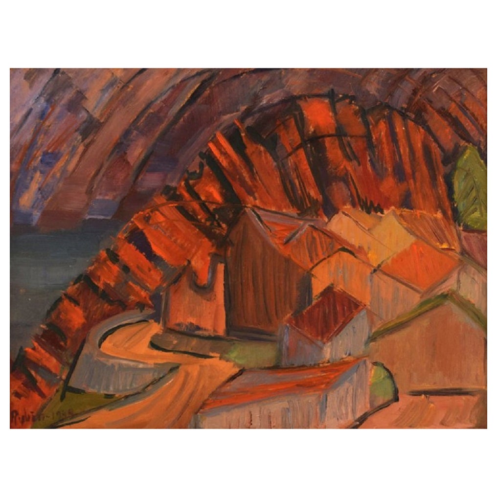 Sven Rybin, schwedischer Künstler, Öl auf Karton, Modernistische Landschaft