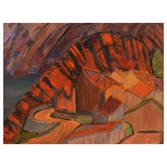Sven Rybin, schwedischer Künstler, Öl auf Karton, Modernistische Landschaft