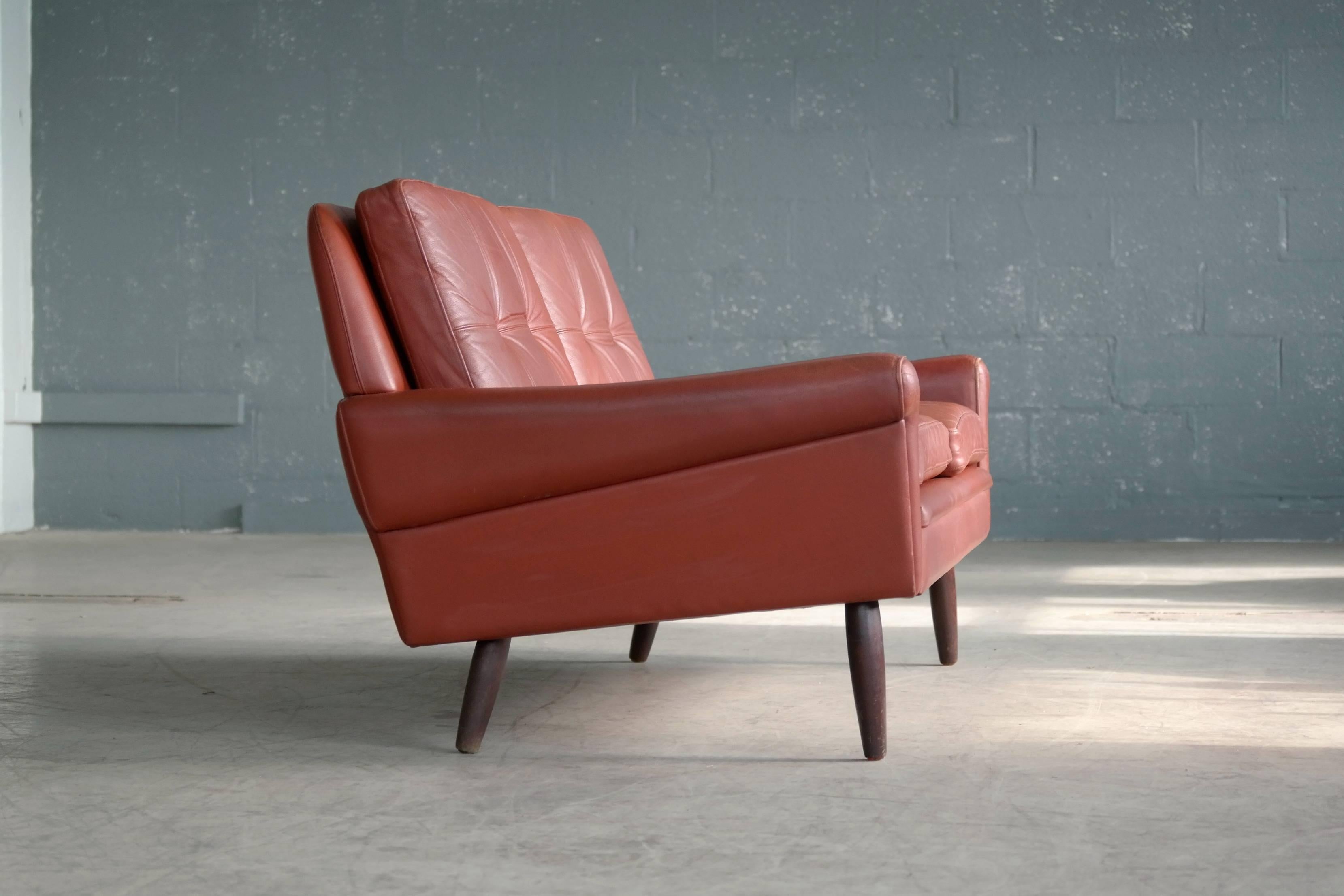 Danish Sven Skipper 1960s Loveseat or Sofa in Reddish Brown Leather and Teak