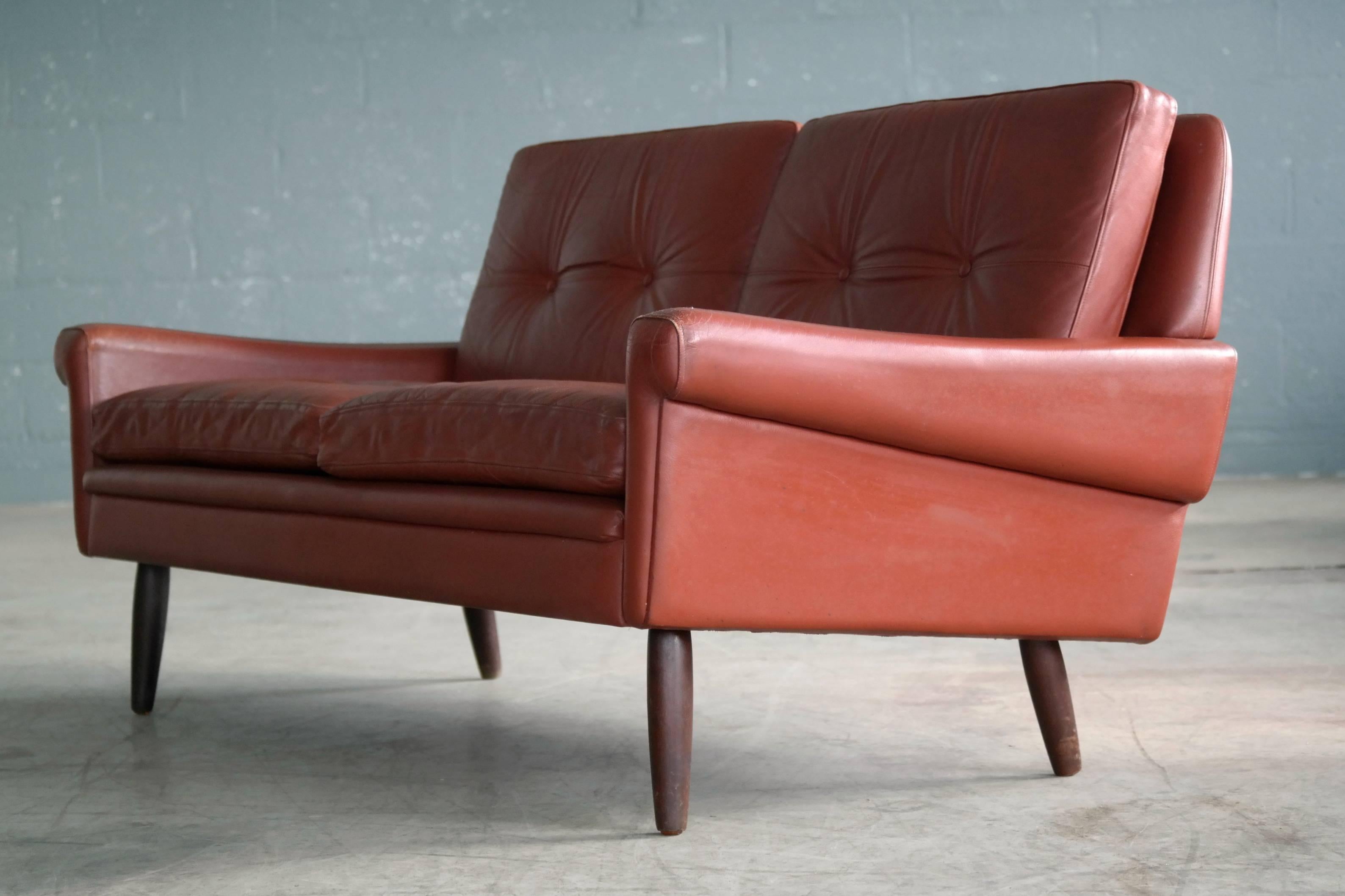 Sven Skipper 1960s Loveseat or Sofa in Reddish Brown Leather and Teak 1