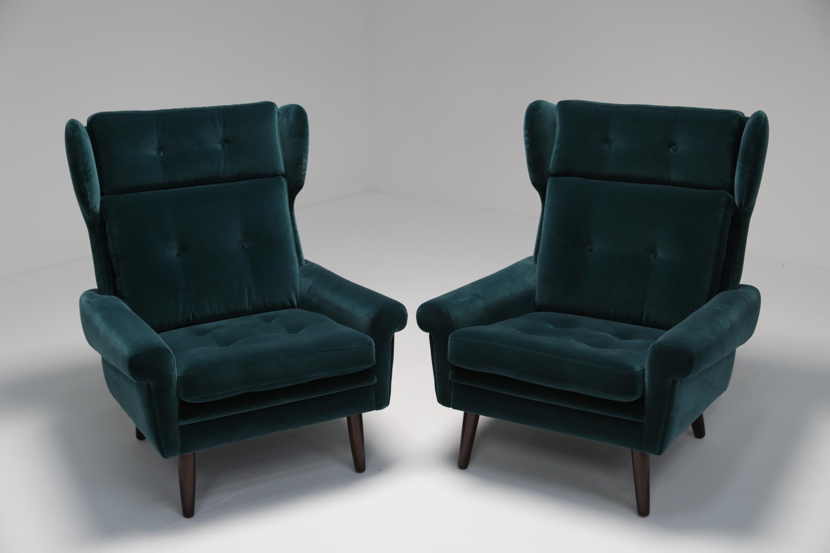 A pair of Sven Skipper armchairs recovered in a luxe green cotton velvet. Normally these chairs are only ever covered in leather but we thought that if they were covered in a good quality velvet that they would then have a more Italian feel to them.