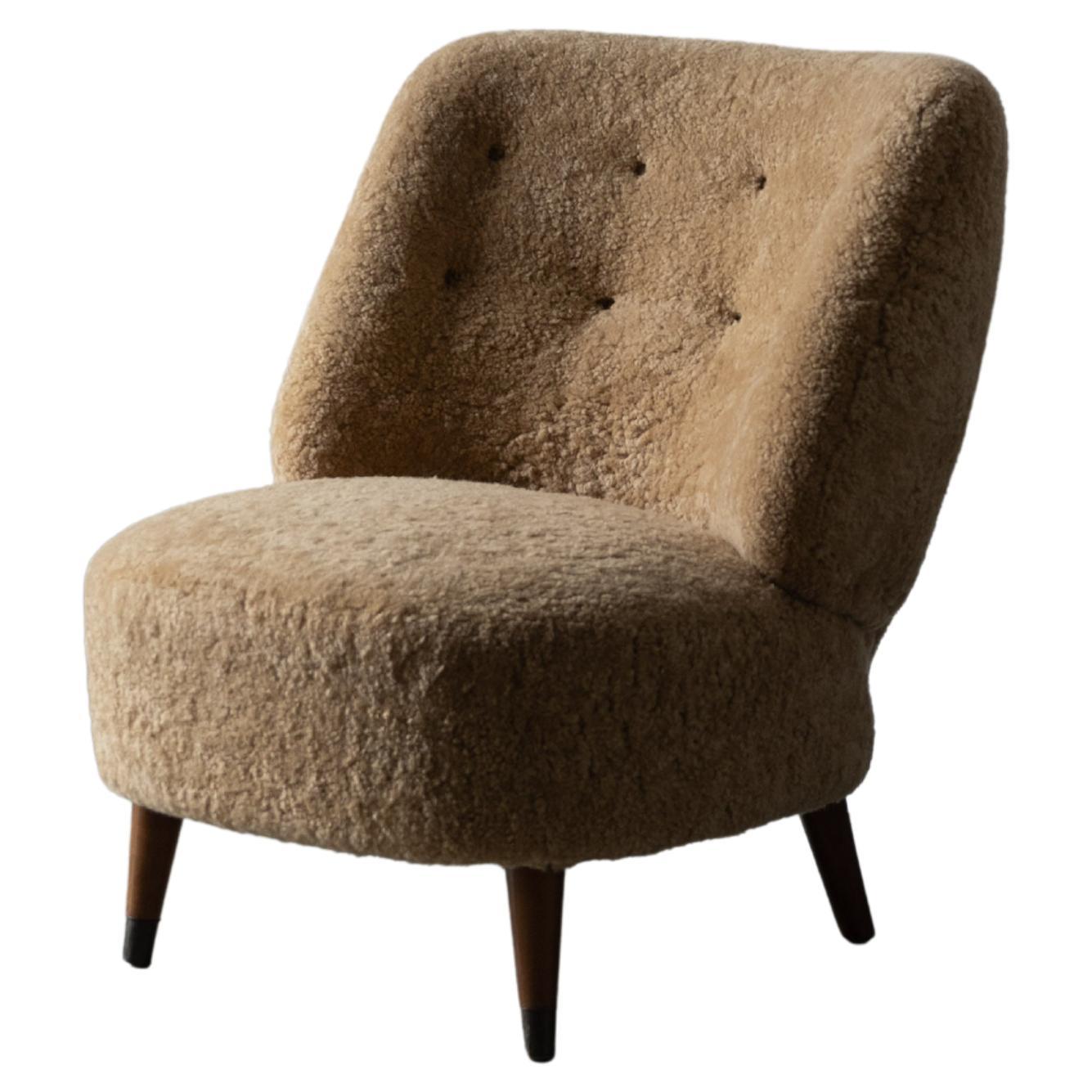 Sven Staaf, Lounge Chair, Beige Shearling, Wood, Sweden, 1940s