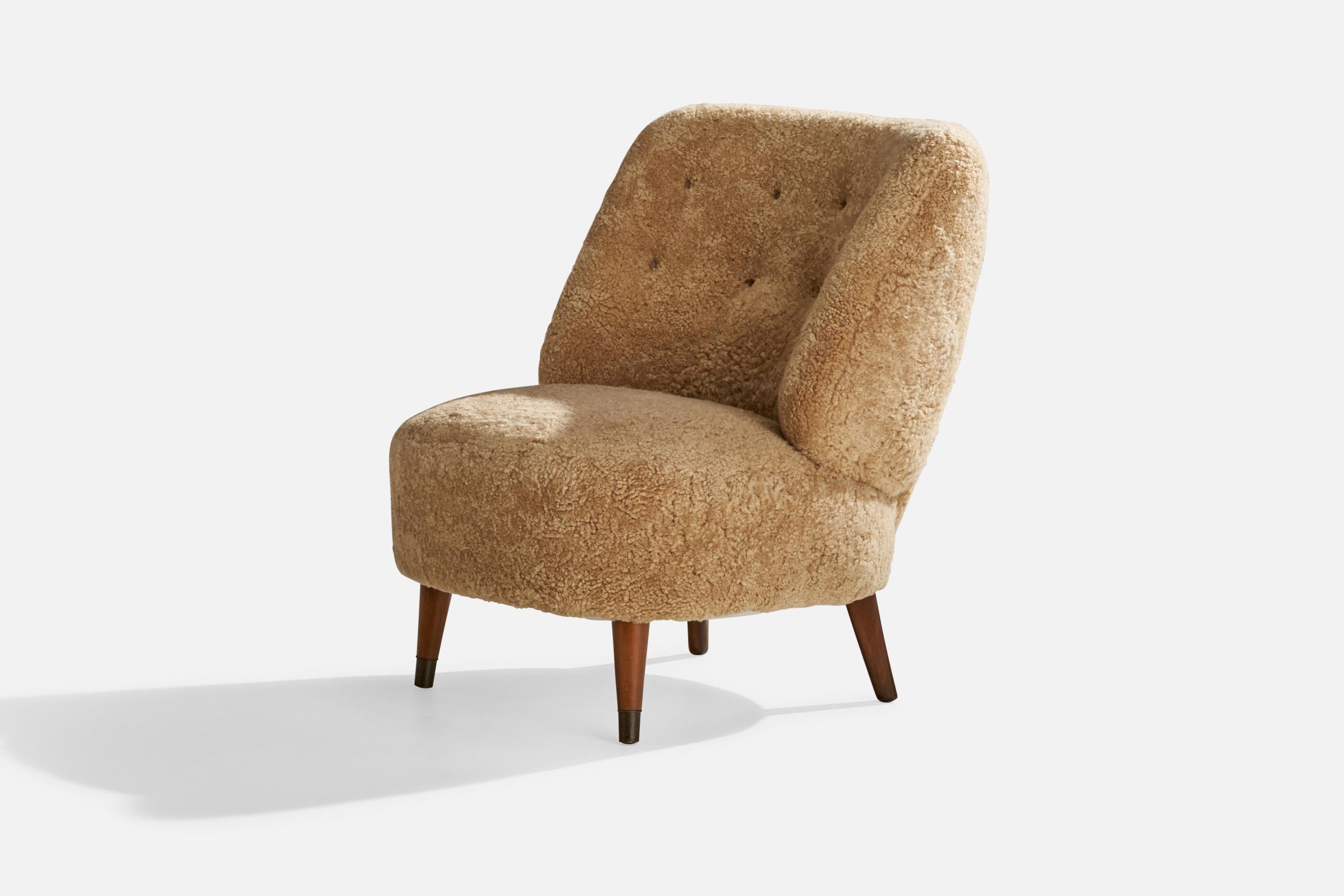 Mid-20th Century Sven Staaf, Lounge Chair, Shearling, Wood, Sweden, 1940s For Sale